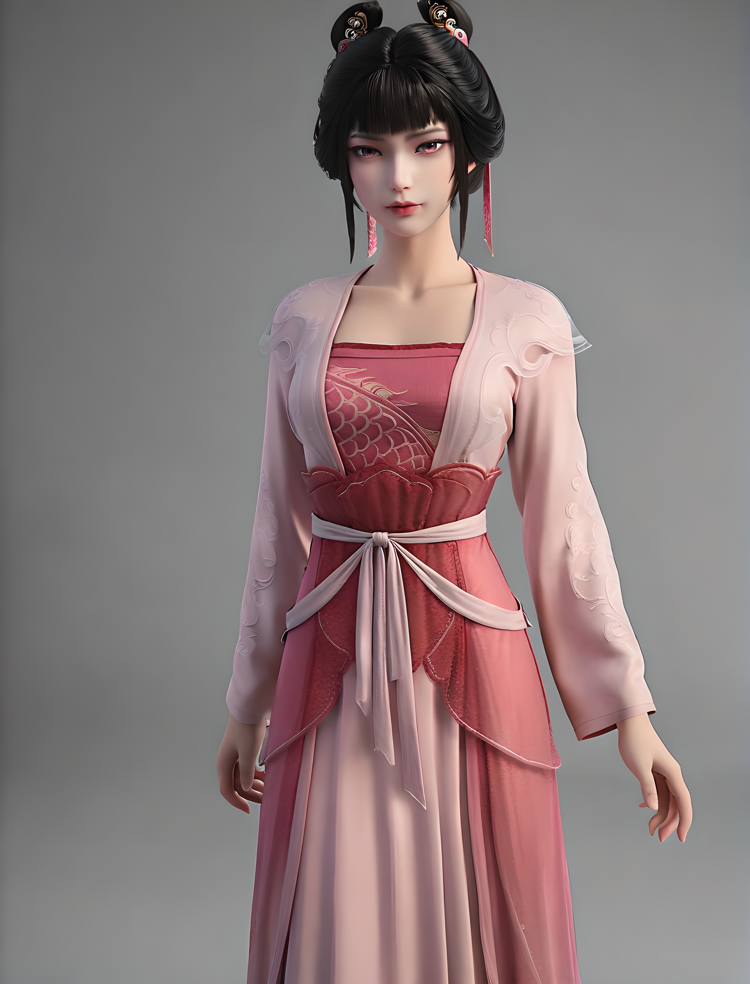fair_skin,white_skin,Ivory_skin,score_9,<lora:SF_ZhiGui_Pony_Realism-000004:0.7>,pink dress,hair ornament,black hair,1girl,standing,breasts,long sleeves,solo,looking at viewer,simple background,cowboy_shot,
