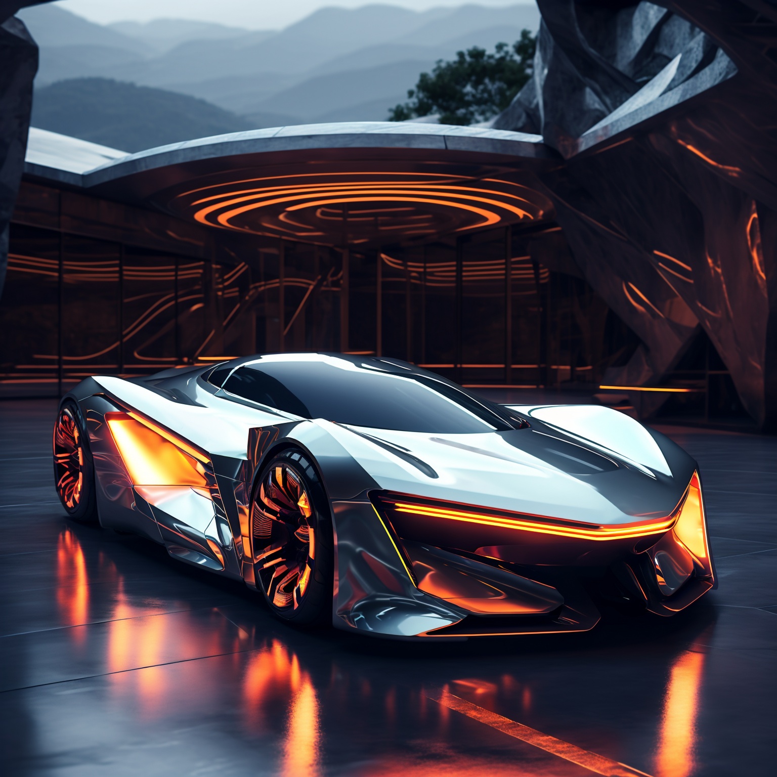 the futuristic car sits in a modern setting, in the style of light black and orange, 8k 3d, reimagined by industrial light and magic, flowing lines, firecore, polished metamorphosis, light yellow and light silver <lora:HTTP_20231128195717-000008:1>