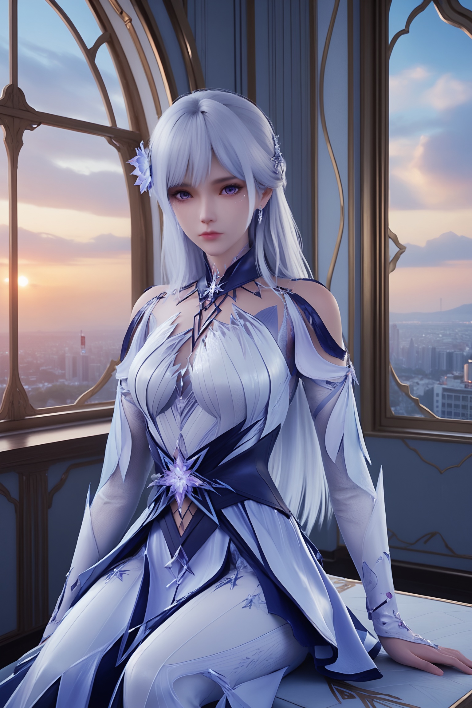 score_9_up,1girl,solo,sitting,window,frills,sky,cloud,indoors,cityscape,closed_mouth,sunset,looking at viewer,<lora:圣采儿-新装Pony:0.7>,long silver hair,flower accessory,white and silver armor,crystalline patterns,high collar,long sleeves,skirt,
