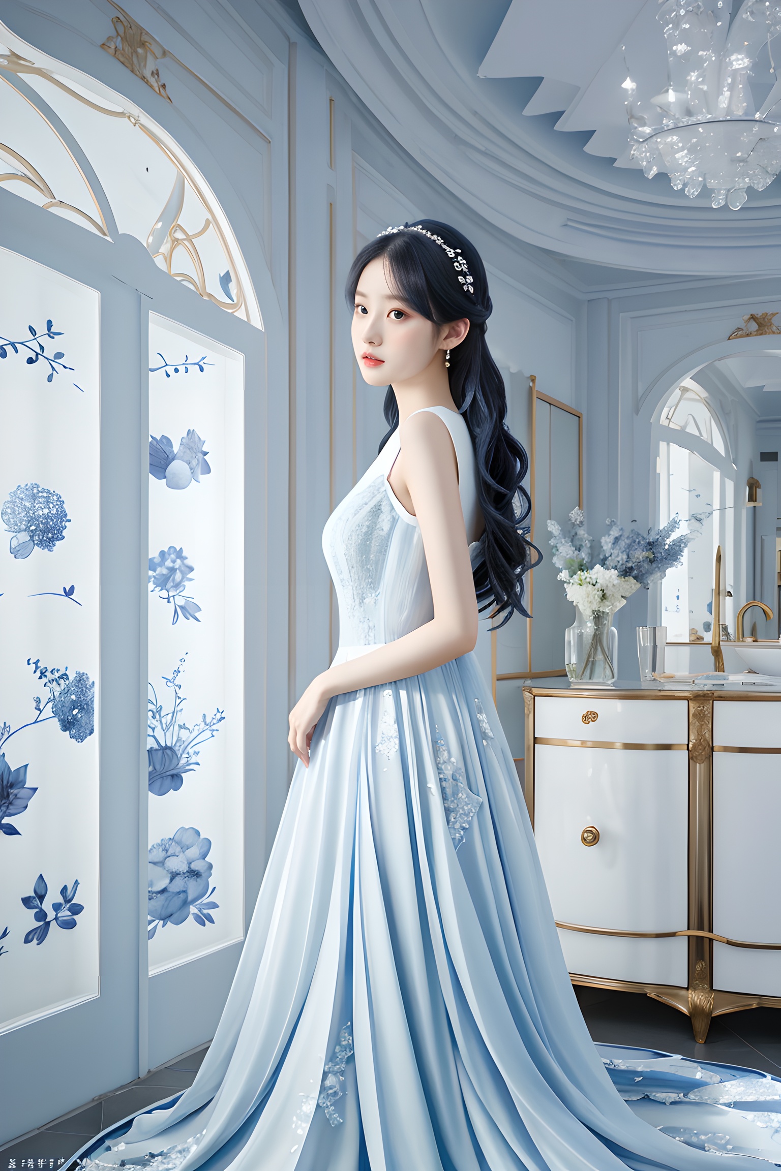 artbook,Best picture quality,1girl,hair behind ear,indoors,blue and white porcelain dress,<lora:服装:1>,
