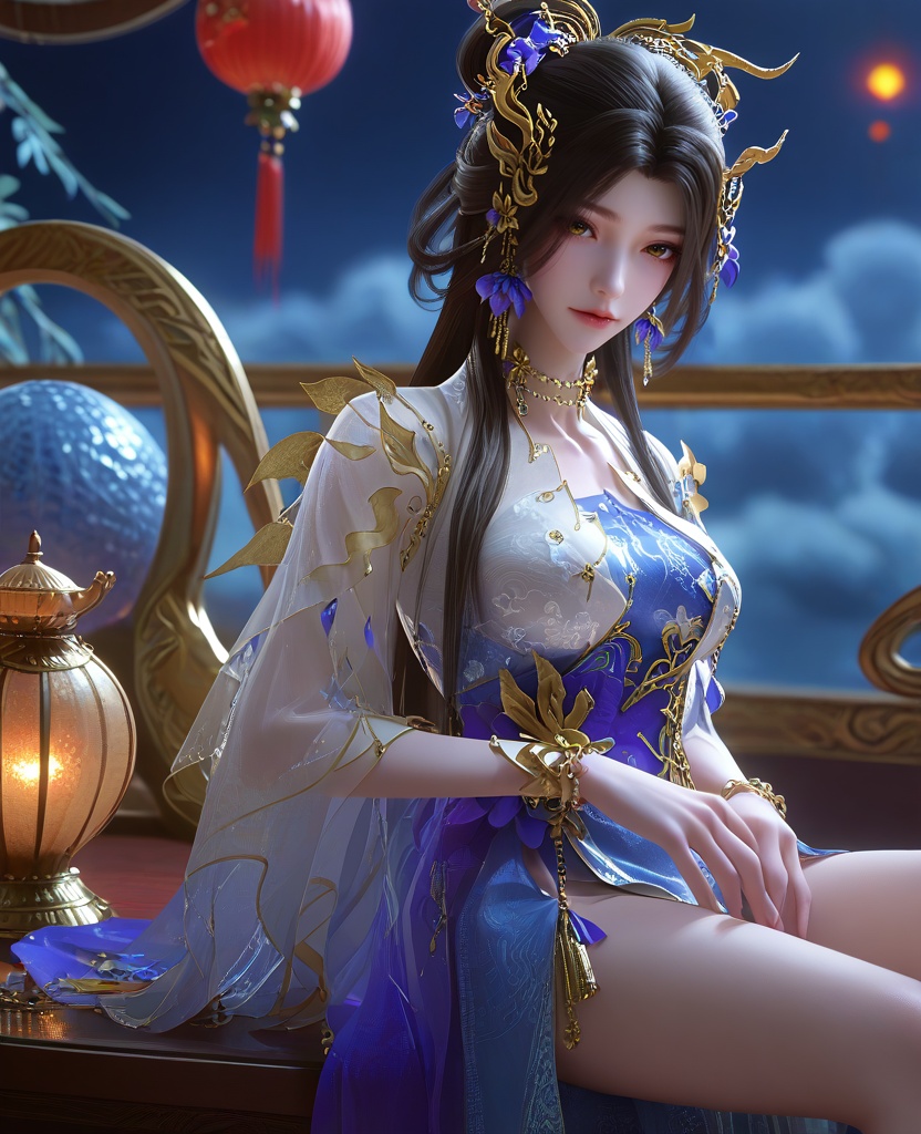 (oriental architecture, elegant decor, sophisticated style:1.1),(Lying with legs turned to one side,:1.1),(wide shot:1.1),(large breasts:1.2),<lora:XL16云深不知梦羲和第19集揽月湖:0.95>,miss xihe,white crop top,violet and blue tiered dress,brown eyes,black hair,long hair,draped looped buns,hair ornament,jewelry,earrings,bracelet,lantern,, score_9,score_8_up,score_7_up,score_6_up,score_5_up,score_4_up,3d rendering,tag1,tag2, Cinematic Lighting,backlighting,