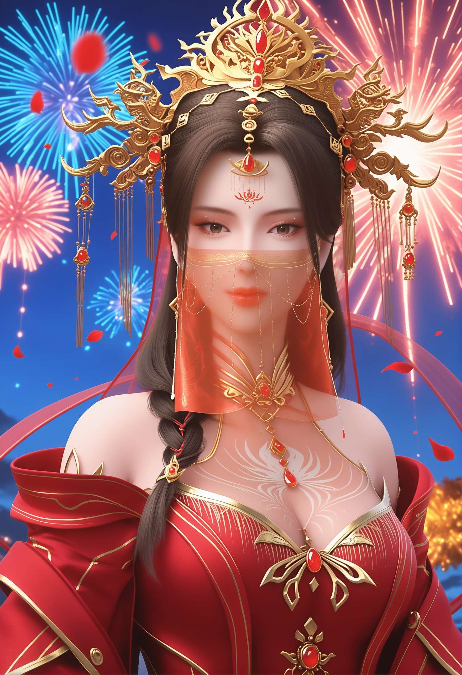 score_9,score_8_up,score_7_up,1girl,solo,realistic,(bust:1.2),(looking at viewer:1.1),(pale_skin:1.2),(shiny_skin:1.1),slender face,mature face,1girl,solo,red robe,dress,red dress,hanfu,chinese clothes,long dress,(veil:1.2),mouth_veil,off-shoulder dress,detached sleeves,hagoromo,see-through,cape,long sleeves,1girl,solo,jewelry,crown,tiara,head chain,chain,beads,earrings,necklace,hair ornament,gold trim,gem,1girl,solo,forehead mark,red gemstone,forehead jewel,brown hair,eyeshadow,brown eyes,lipstick,braid,closed mouth,realistic,petals,fireworks,<lora:小巳-姜立婚服:0.85>,cleavage,