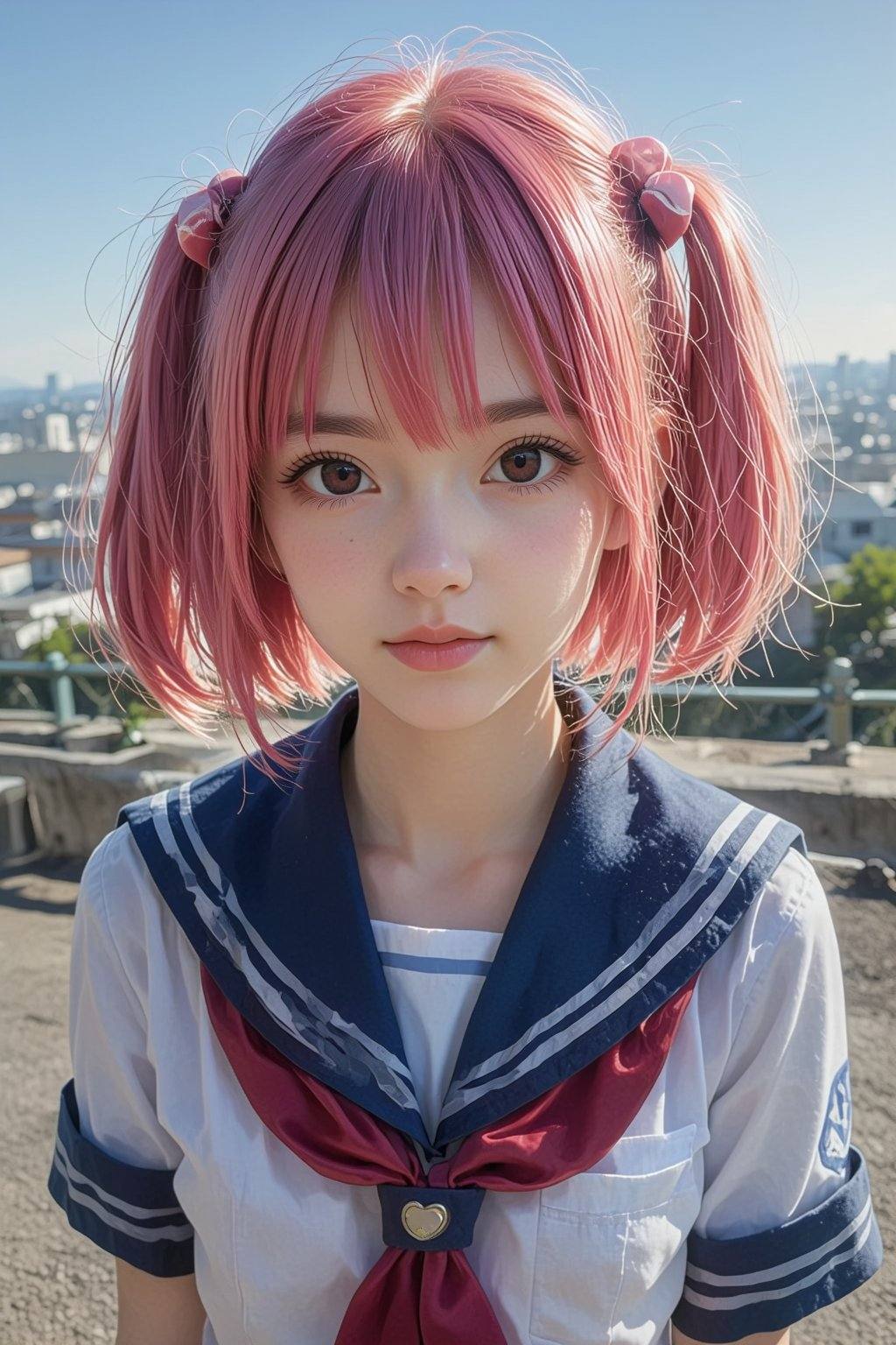 A medium close-up frames a pink-haired girl in a sailor uniform against a sunlit rooftop by 天TIN on Tensor.Art