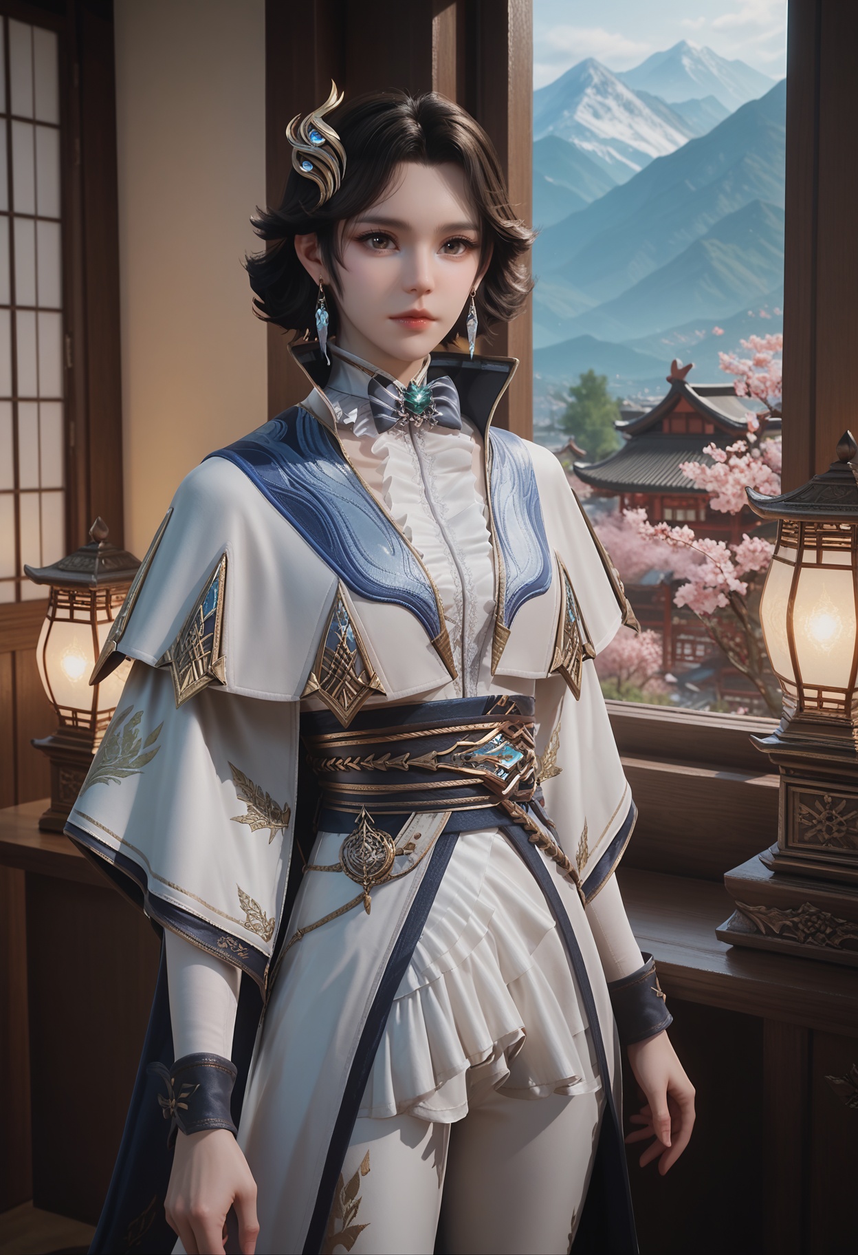 Cai_meier,1girl,jewelry,black hair,earrings,hair ornament,short hair,brown eyes,gem,realistic,<lora:Cai_meier25_pony-000002:0.75>,sash,capelet,long sleeves,white capelet,pants,dress,bow,bowtie,high collar,score_9,score_8_up,score_7_up,score_6_up,score_9,score_8_up,score_7_up,score_6_up source_anime,looking at viewer,standing,lantern,open window,looking at viewer,indoors,mountains,blossoms,flowers,east asian architecture,beautiful sunrise,warm ambient temperature,