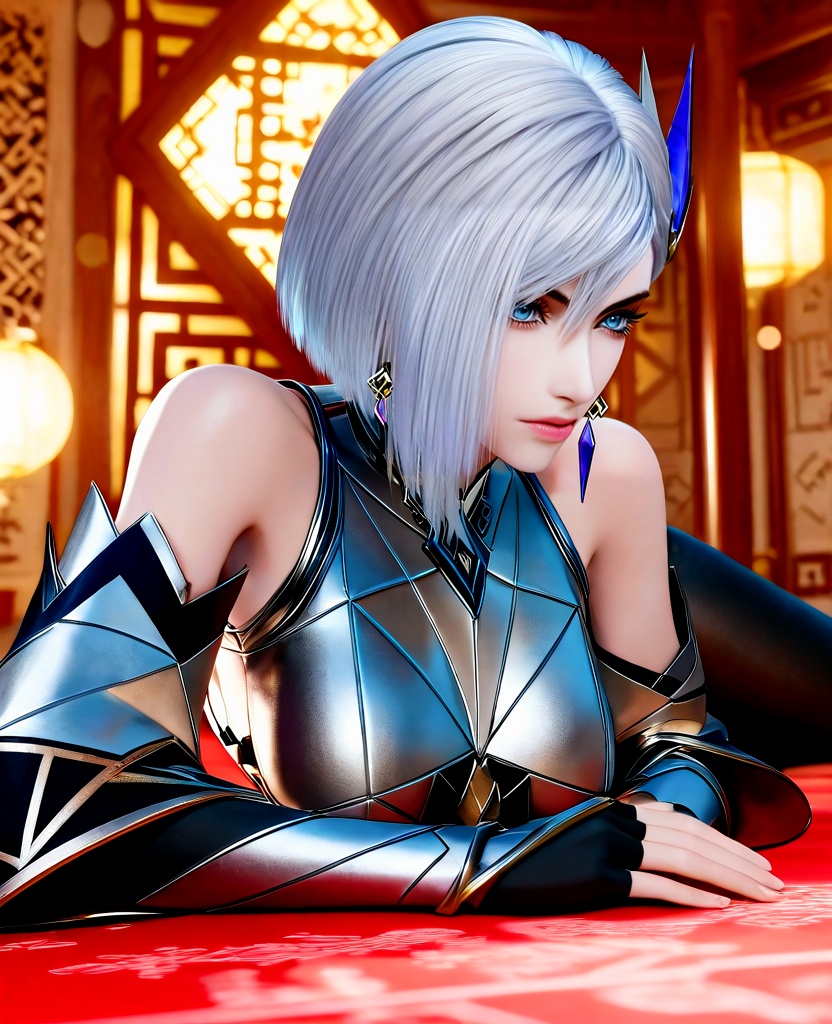 (oriental architecture, elegant decor, sophisticated style:1.1),(Lying on the stomach, propped up on elbows:1.1),(large breasts:1.2),<lora:ILCG王者荣耀东方镜:0.95>,1girl,form-fitting geometric chrome armor,blue eyes,white hair,short hair,hair ornament,earrings,black leather tights,bare shoulders,black fingerless gloves,detached sleeves,, score_9,score_8_up,score_7_up,score_6_up,score_5_up,score_4_up,3d rendering,tag1,tag2, Cinematic Lighting,backlighting,, zPDXL3, zPDXL2,zPDXL, zPDXLxxx, zPDXLrl,