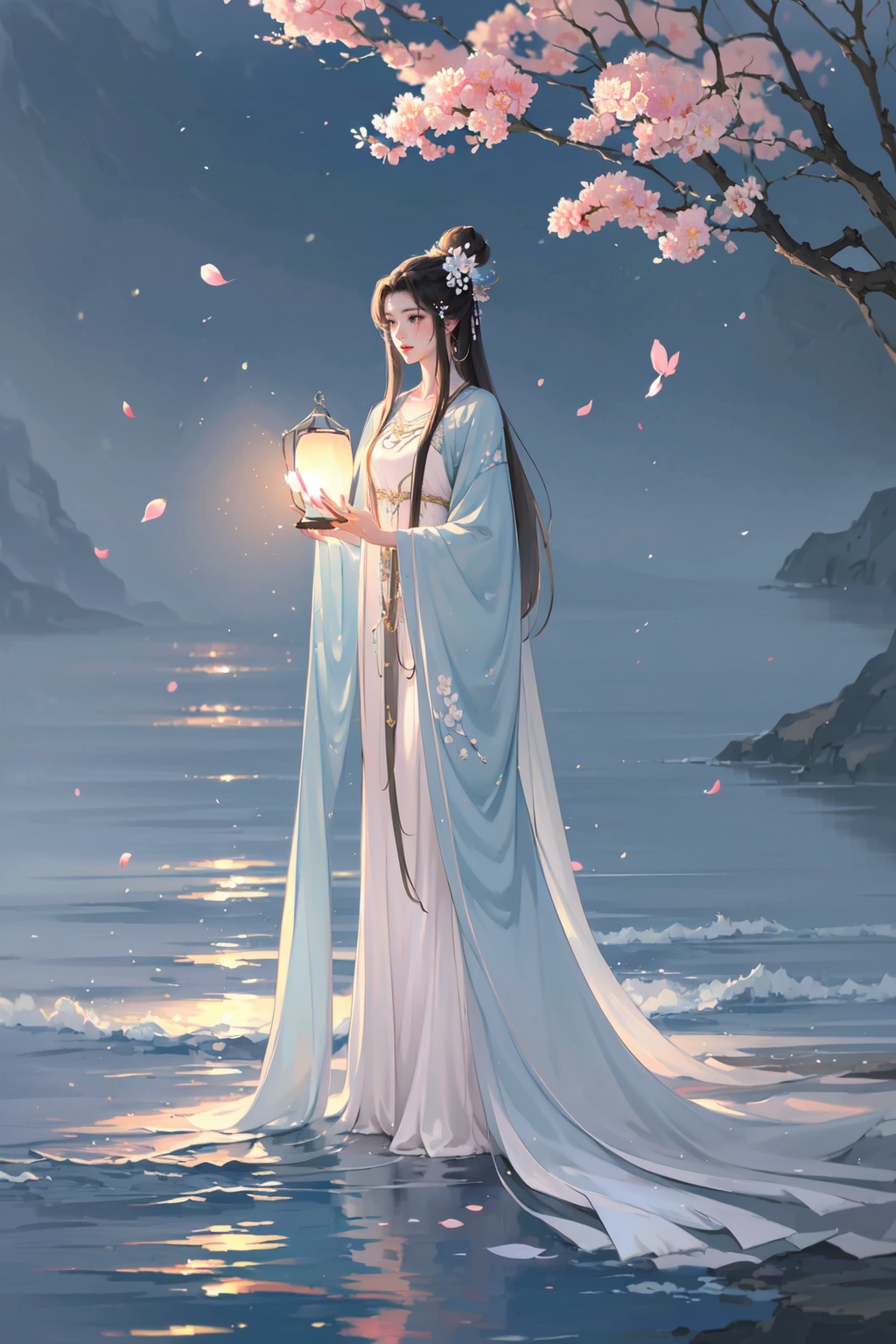 -Hanama wine, 1girl, lantern, long hair, black hair, solo, dress, branch, white dress, jewelry, water, chinese clothes, hair ornament, night, hair bun, facial mark, full body, flower, petals, tree, light, holding,anime,<lora:Hanama wine V2-000018:0.8>,