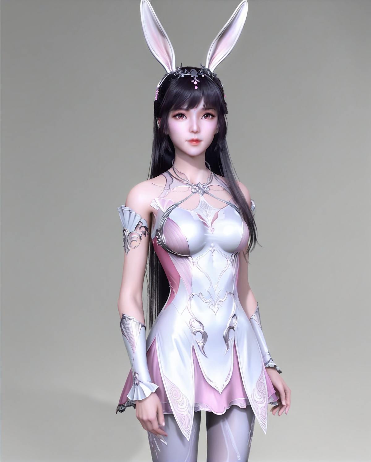 air_skin,white_skin,score_9,<lora:SF_XiaoWu_Pony_Realism-000004:0.7>,pink dress,black hair,long hair,hair ornament,rabbit ears,bangs,shiny,1girl,breasts,medium breasts,standing,pantyhose,solo,looking at viewer,simple background,cowboy_shot,