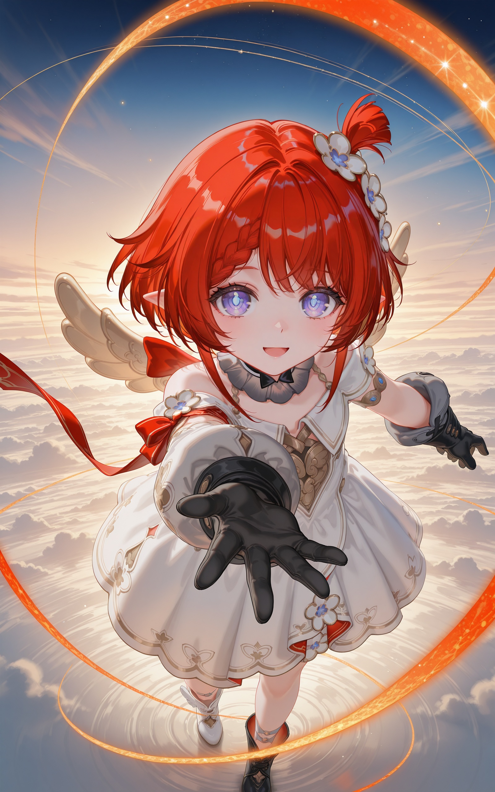 8k,best quality,masterpiece,(ultra-detailed),(high detailed skin),((artist:reoen),(artist:fuzichoco),(artist:atdan),(artist:torino_aqua),year 2024:0.8),[artist:wlop],[artist:ningen_mame],artist:ciloranko,[[artist:rhasta]],artist:tidsean,colorful,<lora:xl-ill-Tribios-v1-000012:0.8>,Tribbie\(honkai:star rail\),1girl,solo,red hair,pointy ears,gloves,smile,dress,open mouth,white dress,looking at viewer,short hair,black gloves,purple eyes,wings,reaching,braid,
