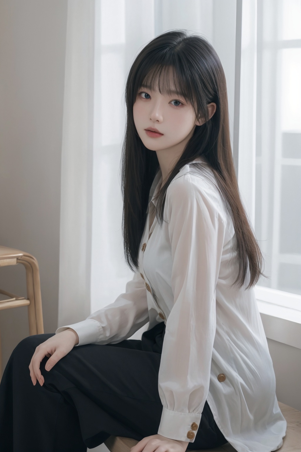 1girl, asian, black hair, buttons, curtains, indoors, lips, long sleeves, looking at viewer, pants, realistic, sitting, smile, solo <lora:清漪:0.66>