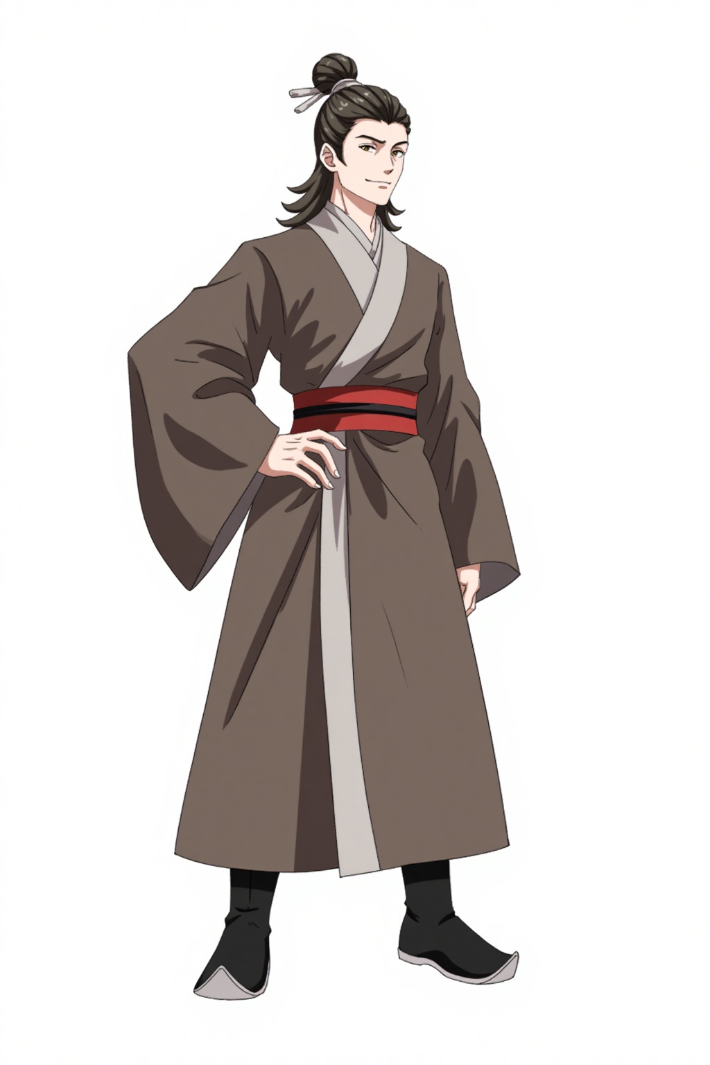 HEZI, Character Design, animation art, quadratic, bright colors, 1boy, solo, male focus, chinese clothes, hanfu, full body, brown hair, white background, simple background, standing, black hair, hand on hip, sash, robe, looking at viewer, wide sleeves, brown eyes, smile, long sleeves, boots, adapted costume, smirk, single hair bun, hair bun, black footwear