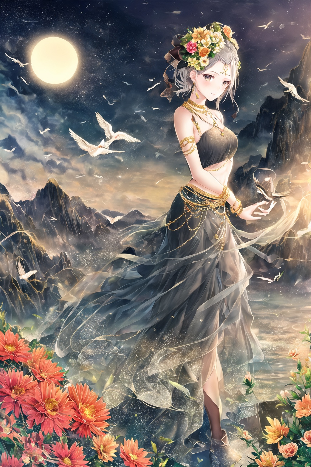 <lora:gilding_v1-000006:0.8>,gilding\\(style\\),1girl,bird,bracelet,dress,flower,grey hair,midriff,mountain,scenery,sun,