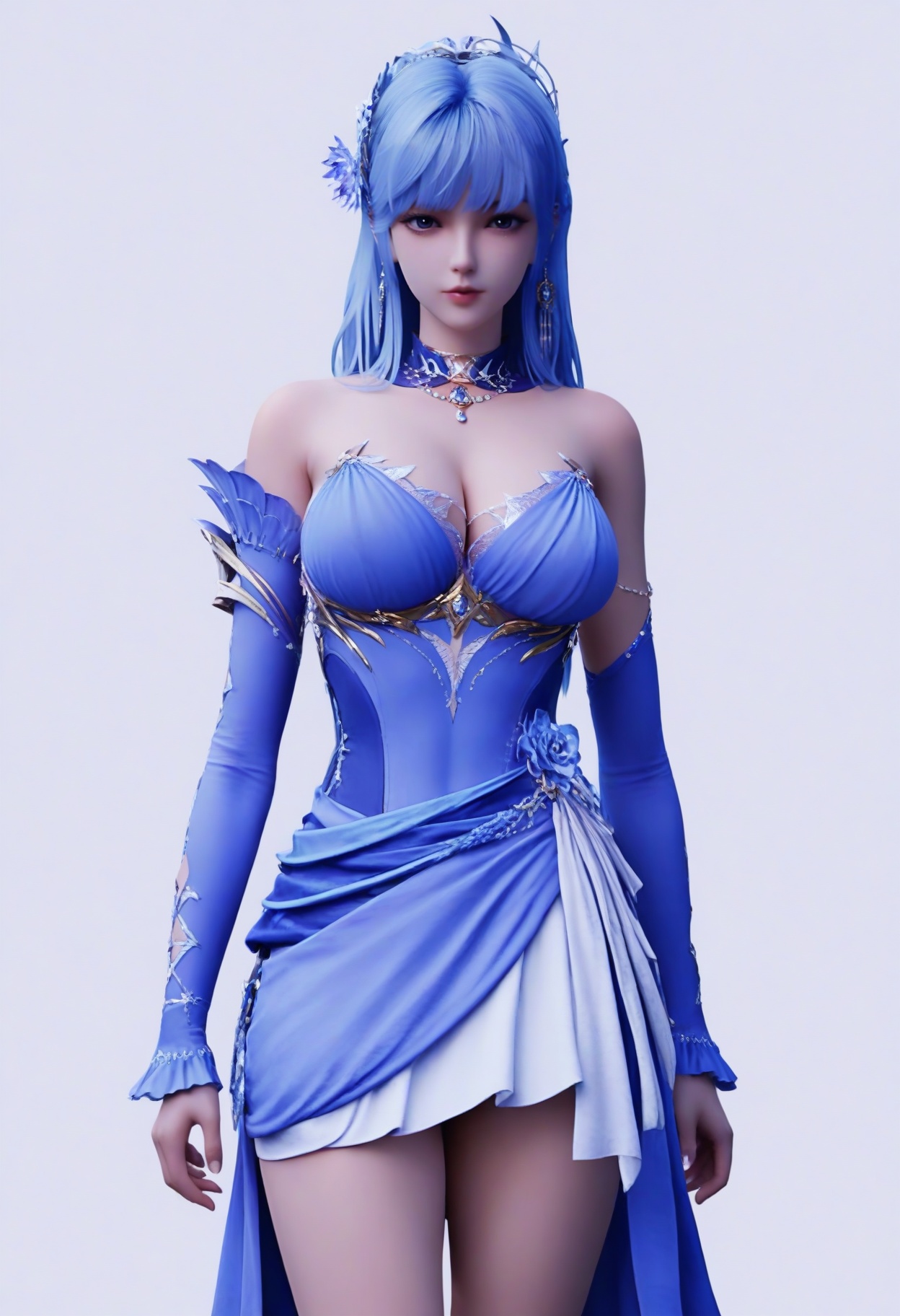 score_9,<lora:SF_ShengCarErThirdClothes_Pony_Realism2.3-000003:0.7>,1girl,solo,clothes,bare shoulders,blue hair,breasts,detached sleeves,bangs,large breasts,blue dress,standing,long hair,fair_skin,white_skin,Ivory_skin,looking at viewer,white background,simple background,cowboy_shot,