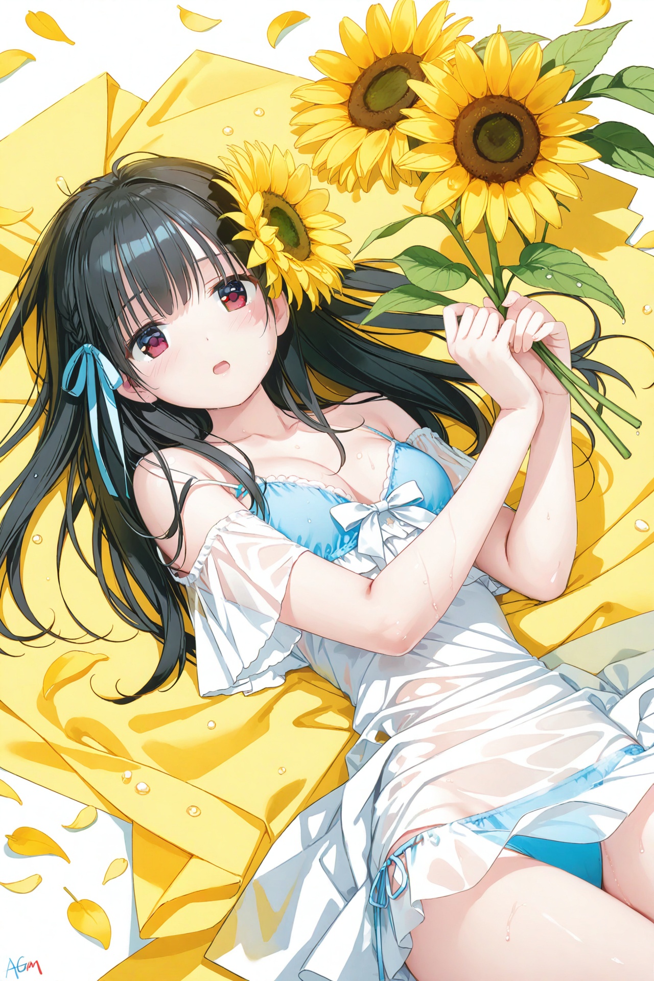 masterpiece,best quality,high quality,(colorful),[Artist toosaka asagi],[[[Artist wlop]]],[Artist chen bin],[Artist omone hokoma agm],Artist hiten (hitenkei), 1girl, flower, solo, sunflower, long hair, wet clothes, black hair, wet, lying, bikini, see-through, dress, looking at viewer, swimsuit, ribbon, white dress, bikini under clothes, on back, hair ribbon, collarbone, petals, holding, red eyes, blush, holding flower, off shoulder, open mouth, yellow flower, bare shoulders, breasts, blue bikini, short sleeves, bow