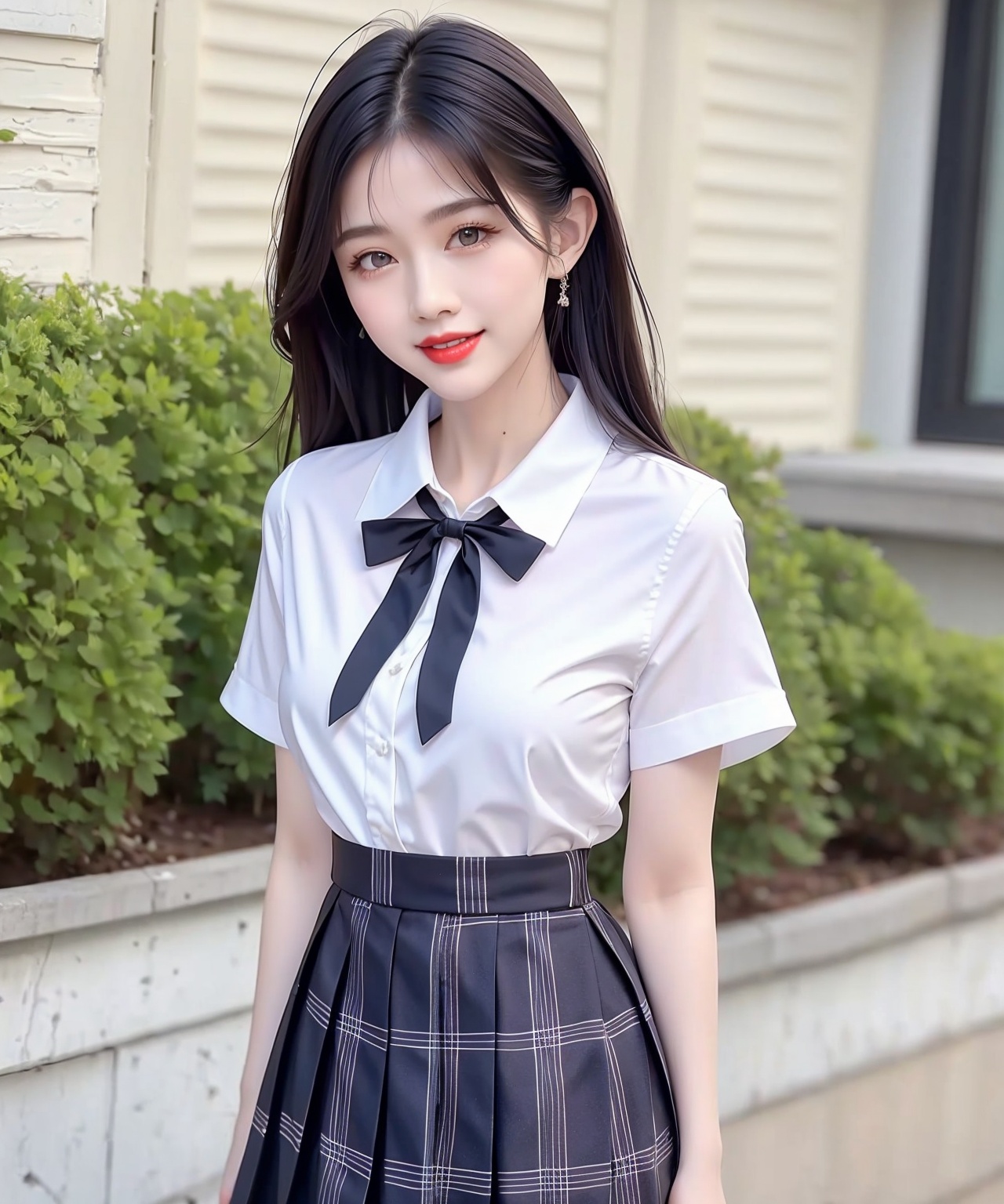 1girl,solo,skirt,school uniform,black hair,shirt,bow,plaid,bowtie,outdoors,white shirt,day,short sleeves,plaid skirt,pleated skirt,shirt tucked in,collared shirt,standing,long hair,black skirt,Collared shirt,Pleated skirt,red lips,water red lips,heavy makeup,black hair,diamond earrings,<lora:白衬衣短裙1.1:1>,white silk,smile,