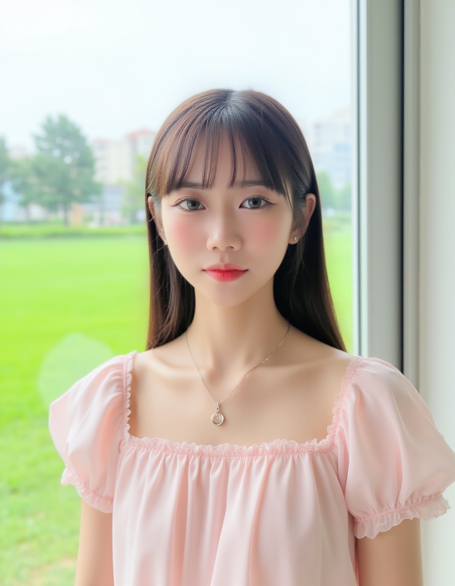 a young Asian girl stands in front of a window. She is dressed in a light pink,short-sleeved blouse with a lace trim around the neckline and shoulders. She's wearing a silver necklace with a circular pendant,adding a touch of charm to her outfit. The girl's eyes are a deep brown,her hair is a dark brown,and her lips are a lighter pink. The backdrop of the scene is a lush green grassy field,with tall trees and buildings in the distance. The sky is a pale blue,and the sun is shining through the window.,