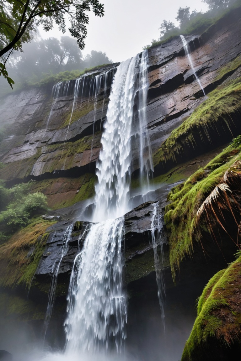 Water pours from the waterfall and mist rises at the bottom of the waterfall.Looking up from below at the water falling fr...