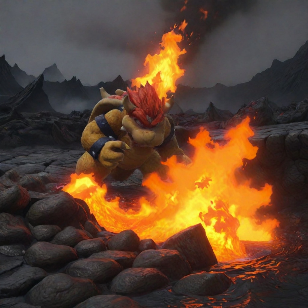 Bowser running into lava pool,  realistic on Tensor.Art
