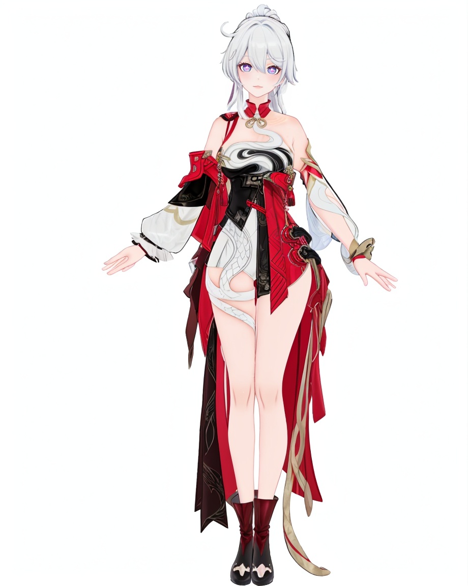 8k,best quality,masterpiece,(ultra-detailed),(high detailed skin),(by nanoless, by misumi \(macaroni\),:0.5),A full-body portrait of a young girl,standing gracefully,pastel art style,high-key lighting,shoujo manga influence,hd quality,delicate details,full body,full shot,standing,looking at viewer,(solo:1.2),simple background,white background,<lora:zhongyannew-sd-Tanger-000018:0.8>,kiana jixing,3rd clothes,clothes: jixing chinese clothes,purple cross-shaped pupils,1girl,single black fingerless glove,purple eyes,white hair,