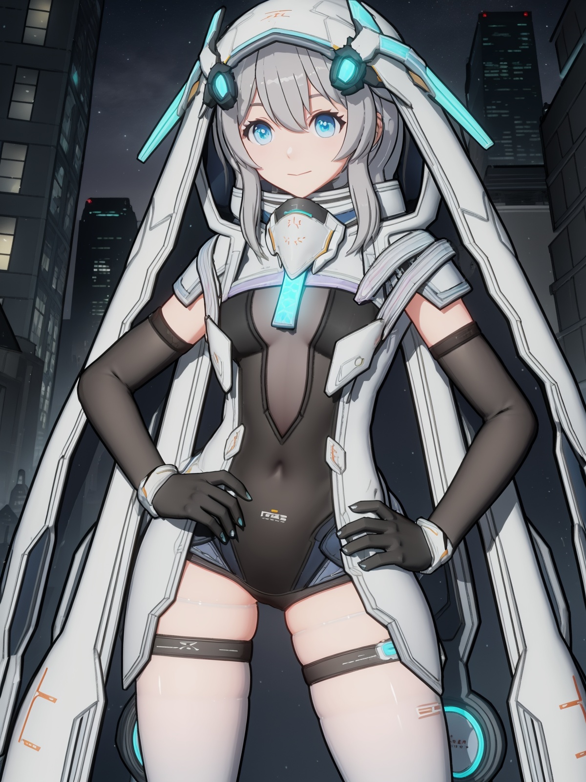 SKZYliweitanNC, 1girl, solo,blue eyes, leotard, bangs, elbow gloves, boots, hood, black gloves, hood up, hair between eyes, closed mouth, grey hair, white thighhighs, looking at viewer, headgear, covered navel, small breasts,cloak, <lora:SKZYliweitanNC:0.75>,cityscape, night,