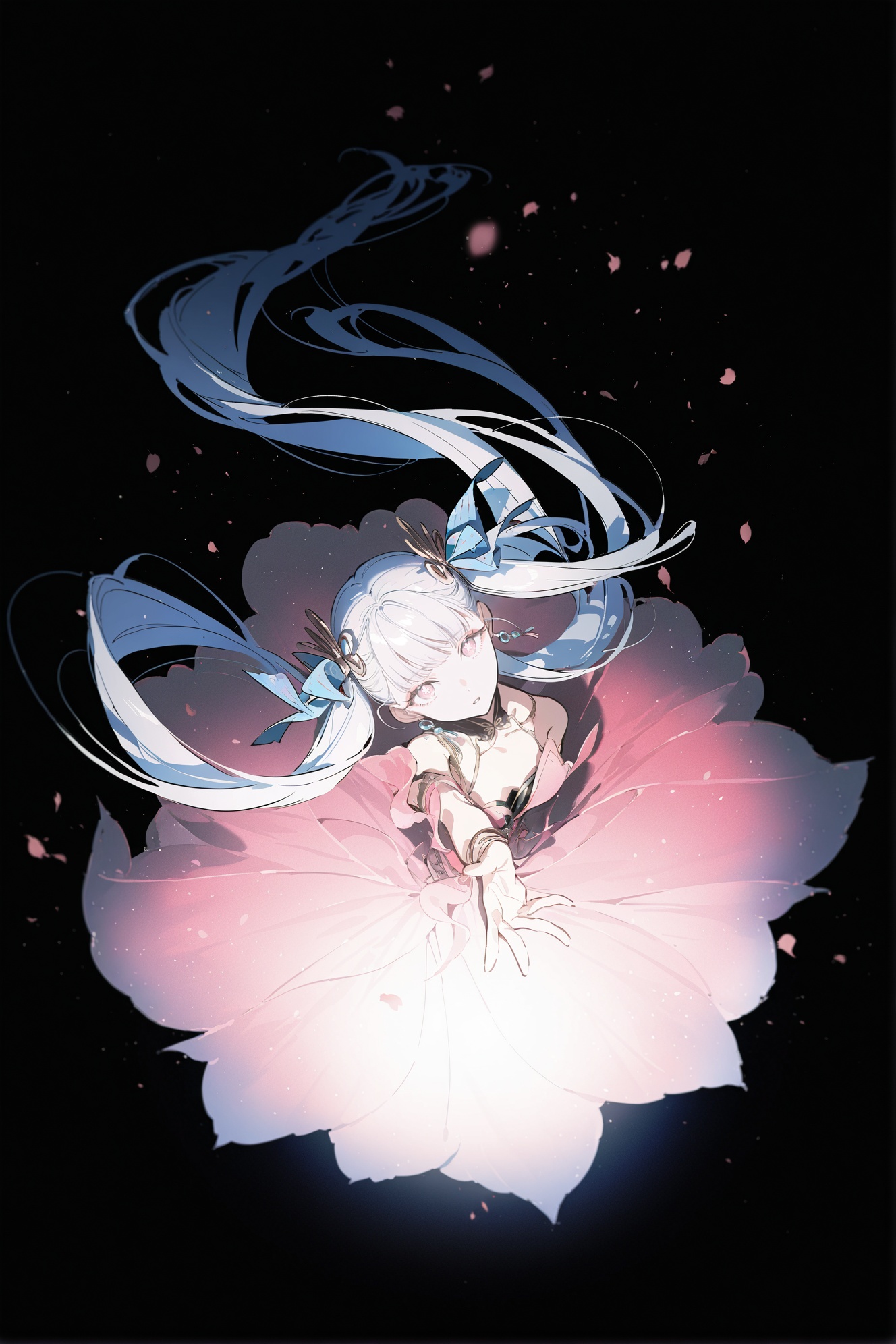 yoneyama mai,rella,rolua,negative space,cinematic shot,very awa,masterpiece,highres,absurdres,newest,year 2024,year 2023,wide shot,from above,tragedy,standing,looking up,looking at viewer,head up,head tilt,outstretched hand,reaching towards viewer,black background,simple background,<lora:KonyaKarasue-000008:0.55>,<lora:96YOTTEA-WAI:0.65>,<lora:add-detail-xl:0.5>,<lora:ponyv4_noob1_2_adamW-000017:0.33>,<lora:spo:0.85>,<lora:jxnew-noob-Tanger-000014:0.8>,jinhsi,jinhsi \(peach blossom\) \(wuthering waves\),(clothes:peach blossom pink dress,alternate costume,bare shoulders:1.2),flower-shaped pupils,1girl,hair ornament,hair flower,twintails,bangs,jewelry,very long hair,1girl,solo,white background,simple background,full body,looking at viewer,standing,so cool,