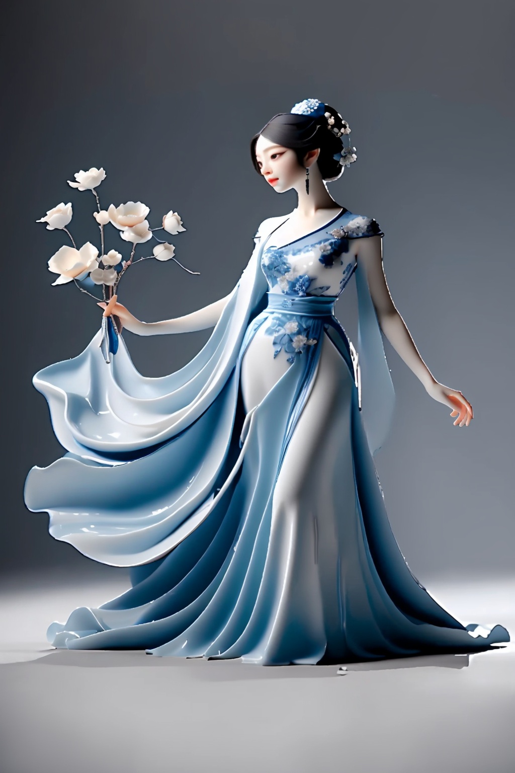 shouban,<lora:手办_v1.0:0.8>,1girl,in the strange landscape of the dream garden,an explorer wearing a flowing long dress,handheld compass,coincidentally observing a huge talking flower,surrounded by fish swimming upstream and flying flowers,her eyes sparkled with curiosity about the unknown,