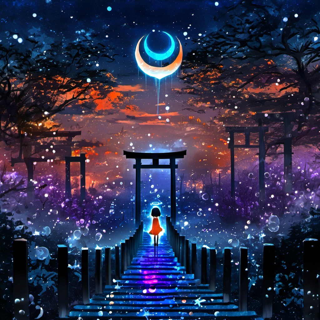 <lora:star_xl_v3:1>,silhouette painting, ethereal ambiance, 1girl, cyan and orange theme, solo, short hair, black hair, dress, outdoors, sky, from behind, tree, night, moon, star \(sky\), scenery, starry sky, bubble, stairs, silhouette, torii, crescent moon, standing, star \(symbol\), a black and blue silhouette of a girl, halo, railing, a surreal and ethereal landscape., a black and blue silhouette of a girl with long hair who is wearing a blue dress, standing on a bridge that seems to lead to a glowing otherworldly city, the city is illuminated by a radiant light of sunrise with structures that resemble traditional japanese torii gates  above the city, a crescent moon surrounded by stars and celestial bodies, the sky is painted with hues of blue and purple and orange, a sunrise, a dreamy atmosphere with floating orbs and bubbles adding to the magical ambiance