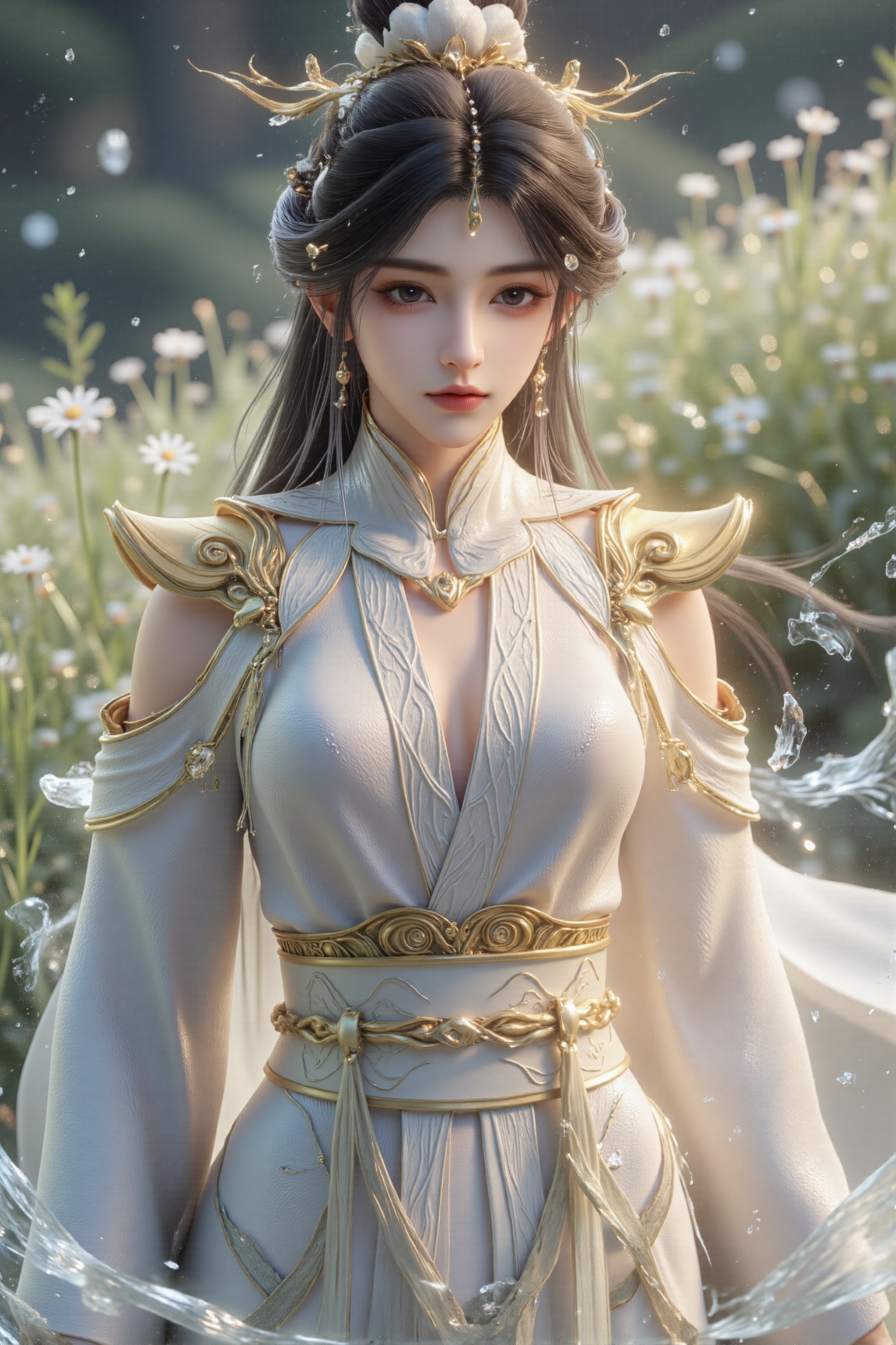 SK-fangyuz,8k,CG,UHD,HDR,masterpiece,best quality,CGI illustration,official art,high resolution,((finely detail)),very fine CG,((extremely detailed)),extremely detailed CG unity 8k wallpaper,ultra-detailed,an extremely delicate and beautiful,((solo:1.5)),(Perfect body structure:1.3),Cinematic Lighting,((large breasts:1.5)),(Crystal skin),colorful:1.2,(crystal_texture_skin:1.2),(highly detailed CG illustration),(Vivid Colors:1.1):1.4,(extremely detailed CG:1.2),soft lighting and shadow,soft yet striking lighting,(skin pores:1.1),(perfect face:1.2),perfect lighting,(detailed skin texture:1),Low Key:1.1,depth of field,Detailed face,(huge breasts:1.4),ray tracing,(perfect anatomy:1.2),official art,(high detailed skin),(Good structure),original,(illustration:1),close-up of character,sexy,absurdres,1girl,gem,earring,(black hair),Giant chest:1.5,cleavage,long hair,looking at viewer,blurry background,motion blur,breasts,This is a highly detailed digital artwork,full body,Dynamic expression,beautiful detailed eyes,(long legs:1.1),CG rendering,perfect body,plant,sharp focus,(legs),nature,32K UHD,ultra high definition details,Ultra High Definition,A one-of-a-kind beauty,3D rendered anime style,makeup,flower,outdoors,grass,flower field,dandelion,daisy,