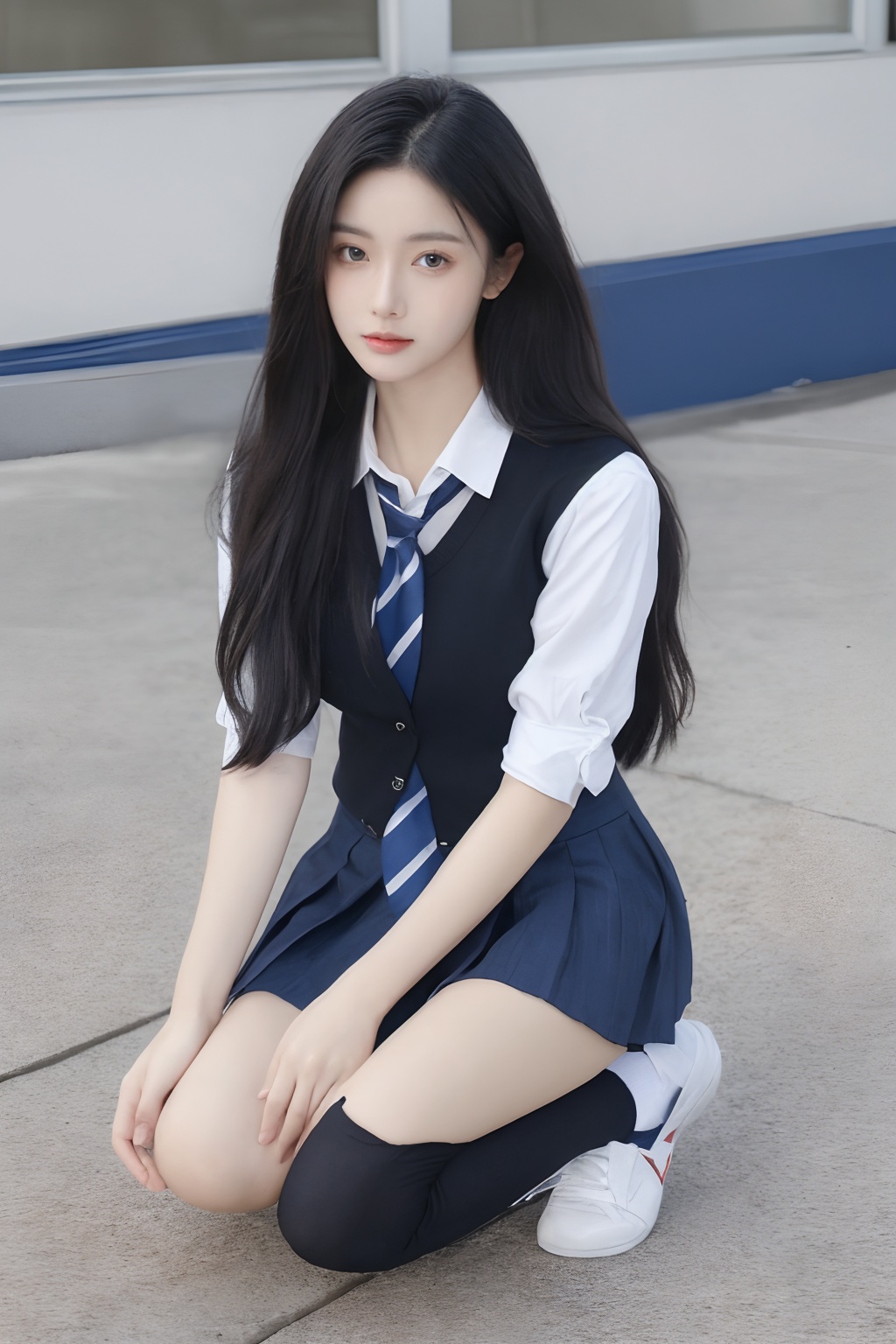 1girl,solo,black hair,necktie,skirt,kneeling,long hair,socks,looking at viewer,black footwear,realistic,school uniform,shirt,white socks,white shirt,shoes, <lora:sifang_20231118123505:0.6>