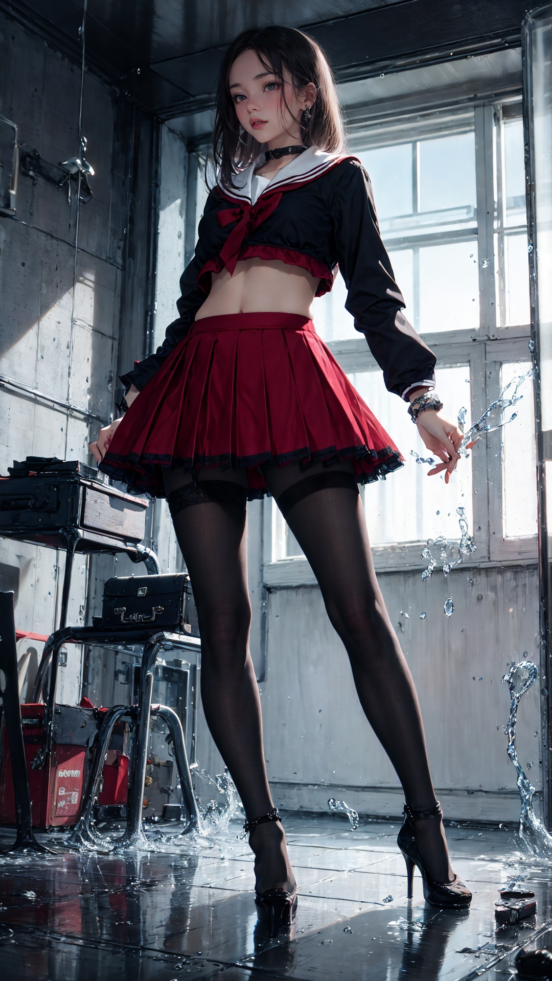tutututu,red_skirt, school uniform, black_bra, underwear, lingerie, midriff, red_sailor_collar, high heels,(black pantyhose), from the left splashing black glossy paint, from the right splashing white glossy paint, intricately in the midle, covering full beautiful young face, <lora:tutuZFV5_00004:0.8> 