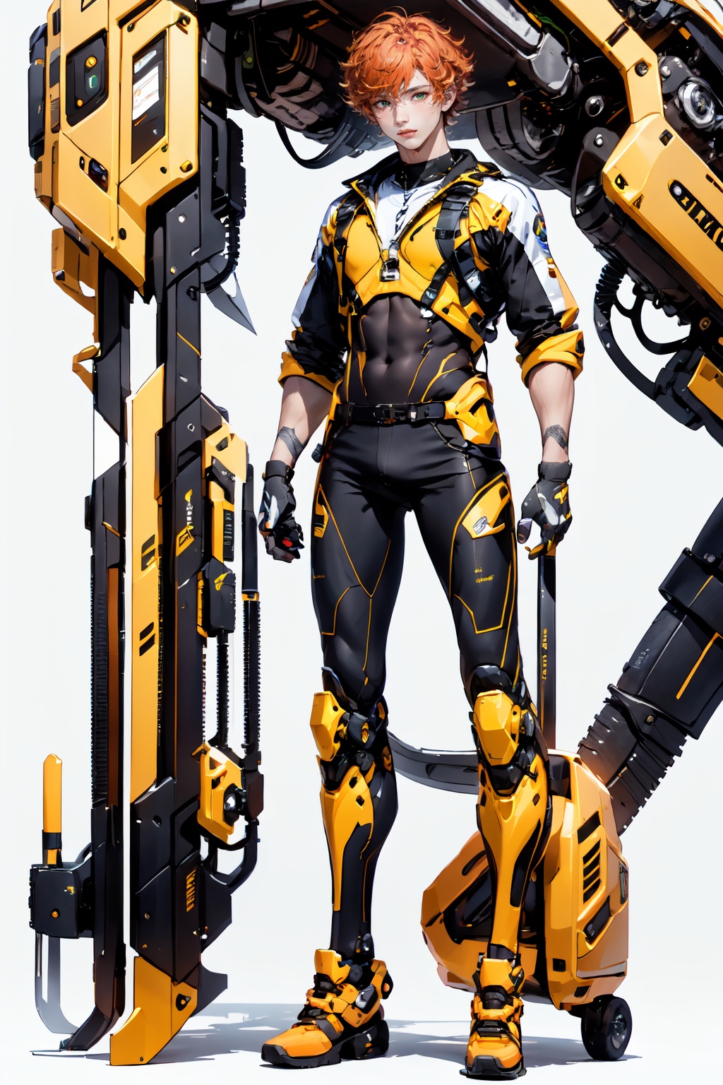 [(white background:1.5)::5],(imid shot:0.95),(full body:1.5),(falt color:1.3),colorful,(masterpiece:1,2),best quality,extremely detailed cg 8k wallpaper,best quality,masterpiece,highres,original,extremely detailed wallpaper,(solo:1.25),(1 boy:1.5),Mature male,Sunny boy,happy,Short curly orange hair,green eyes,red glowing o-ring,workwear,Tooling,engineer,wrench,pliers,mechanical table,future,science fiction,mechanical device,big fans,Cyber Aso,<lora:Cyber Aso_20240119182540:0.8>,<lora:Cyberworld_20230622141420-000018:0.2>,