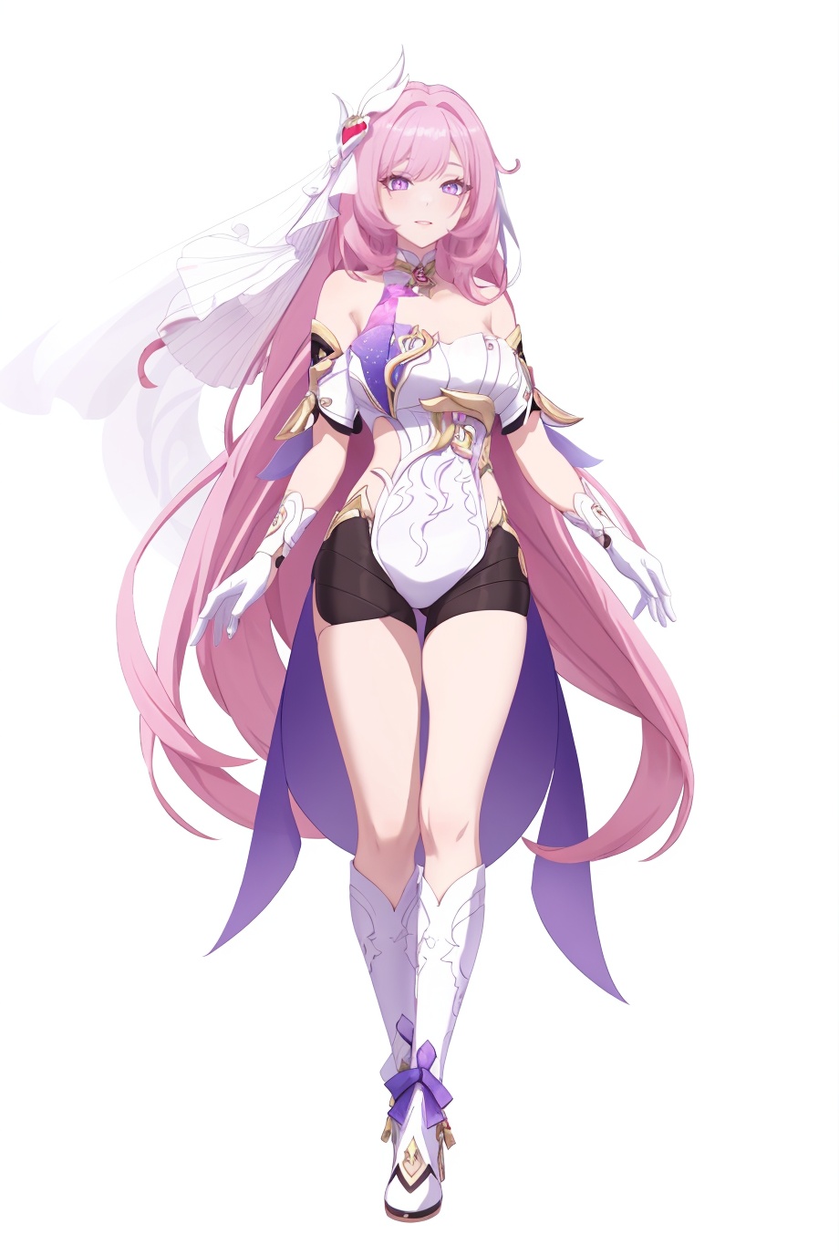8k,best quality,masterpiece,(ultra-detailed),(high detailed skin),(by nanoless, by misumi \(macaroni\),:0.5),A full-body portrait of a young girl,standing gracefully,pastel art style,high-key lighting,shoujo manga influence,hd quality,delicate details,full body,full shot,standing,looking at viewer,(solo:1.2),simple background,(white background:1.2),<lora:Elysia-sd-Tanger-000019:0.8>,elysia \(honkai impact\),Elysiaren,clothes: Elysiaren white-and-purple dress,shorts,double Elysiaren floating bells,1girl,pink hair,long hair,white gloves,bangs,Elysiaren boots,bare shoulders,white footwear,Elysiaren hair ornament,diamond-shaped pupils,floating ribbon,