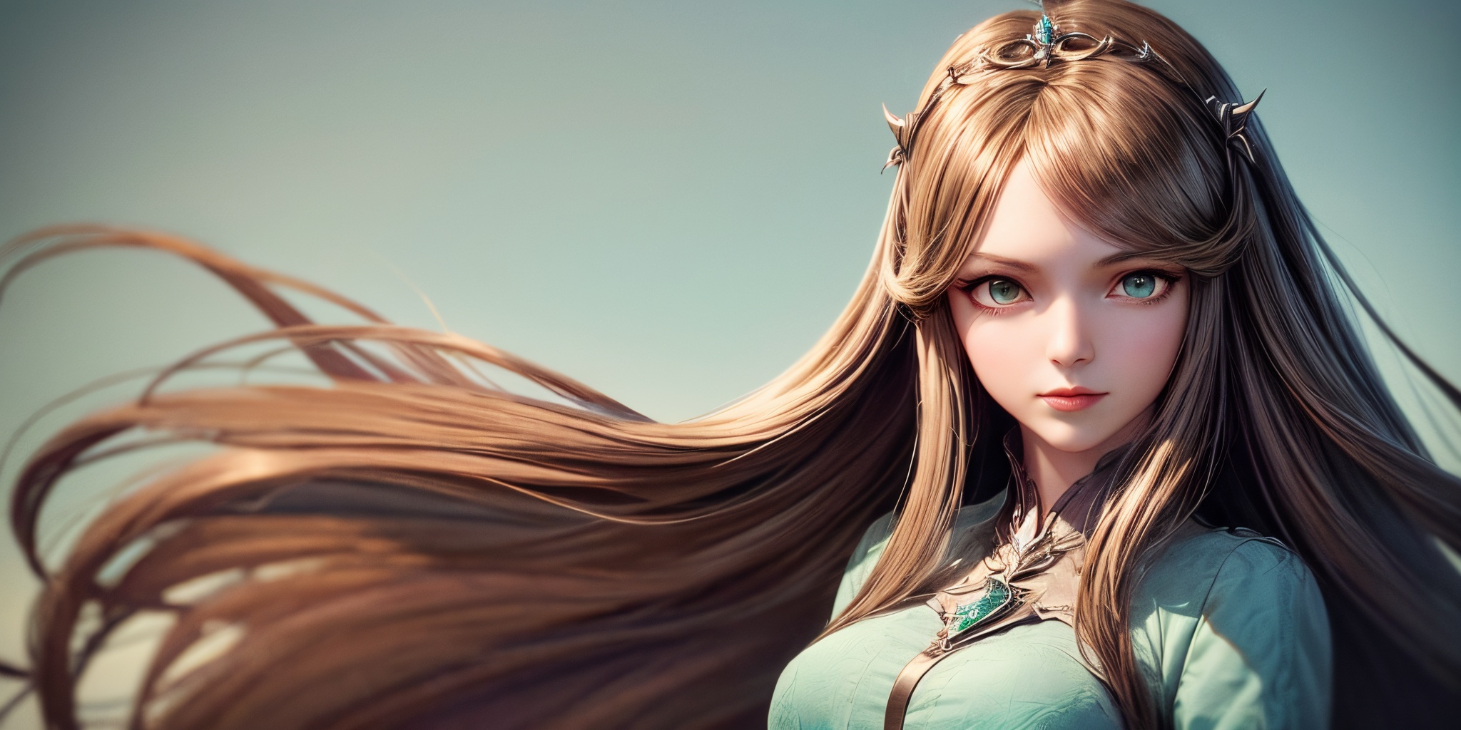 masterpiece,best quality,illustration,anime,looking at viewer,simple gray background,upper_body,ningrongrong,1girl,(mature_female:1.8),long hair,green eyes,brown hair,looking at viewer,tiara,green dress,solo,medium breasts,jewelry,bangs,parted bangs,<lora:add_detail:1>,<lora:ningrongrong_20240305194830:0.7>,