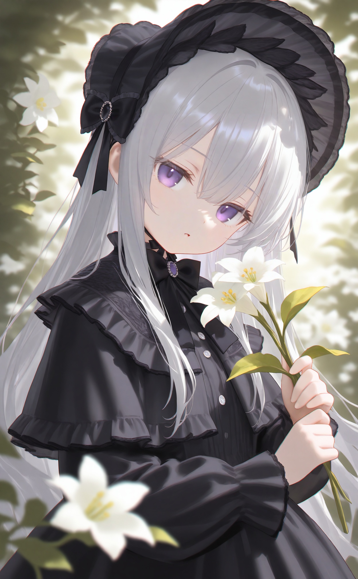 masterpiece,highres,absurdres,newest,best quality,high quality,loli,petite,chromatic_aberration,//,1girl,flower,solo,bow,long_hair,hair_bow,black_bow,purple_eyes,looking_at_viewer,holding,frills,hair_between_eyes,dress,holding_flower,upper_body,capelet,white_flower,frilled_bow,plant,black_dress,frilled_capelet,parted_lips,black_capelet,bowtie,head_tilt,grey_hair,black_bowtie,expressionless,vines,long_sleeves,frilled_dress,bouquet,leaf,lolita_fashion,//,//,<lora:nyalia33:1>,