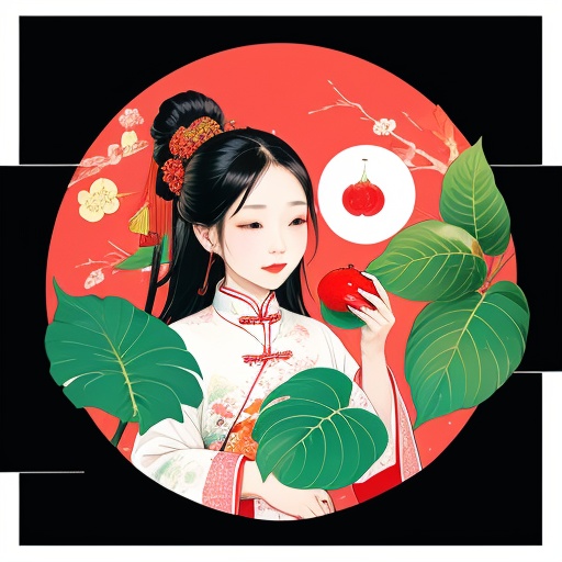 the 24 Traditional Chinese Solar Terms\(Rain Water\),flat,black background, solo, holding, food, fruit, animal, leaf, holding food, red nails, bubble, water drop, holding fruit,<lora:lbc_Rain Water-ts:0.8>,
