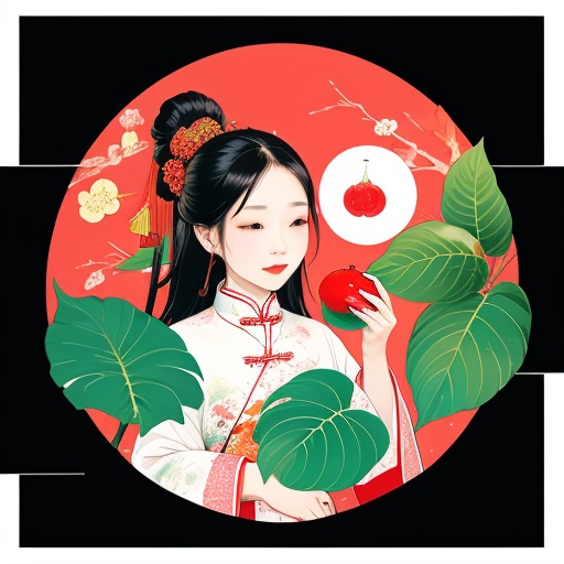 the 24 Traditional Chinese Solar Terms\(Rain Water\),flat,black background, solo, holding, food, fruit, animal, leaf, holding food, red nails, bubble, water drop, holding fruit,<lora:lbc_Rain Water-ts:0.8>,