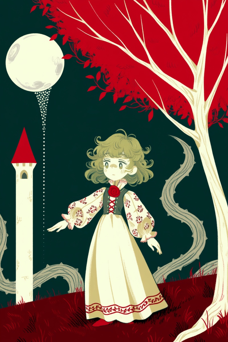 @jsslnst,  The image depicts a girl standing in a forest-like setting. She has curly greenish-blonde hair and wears a crea...