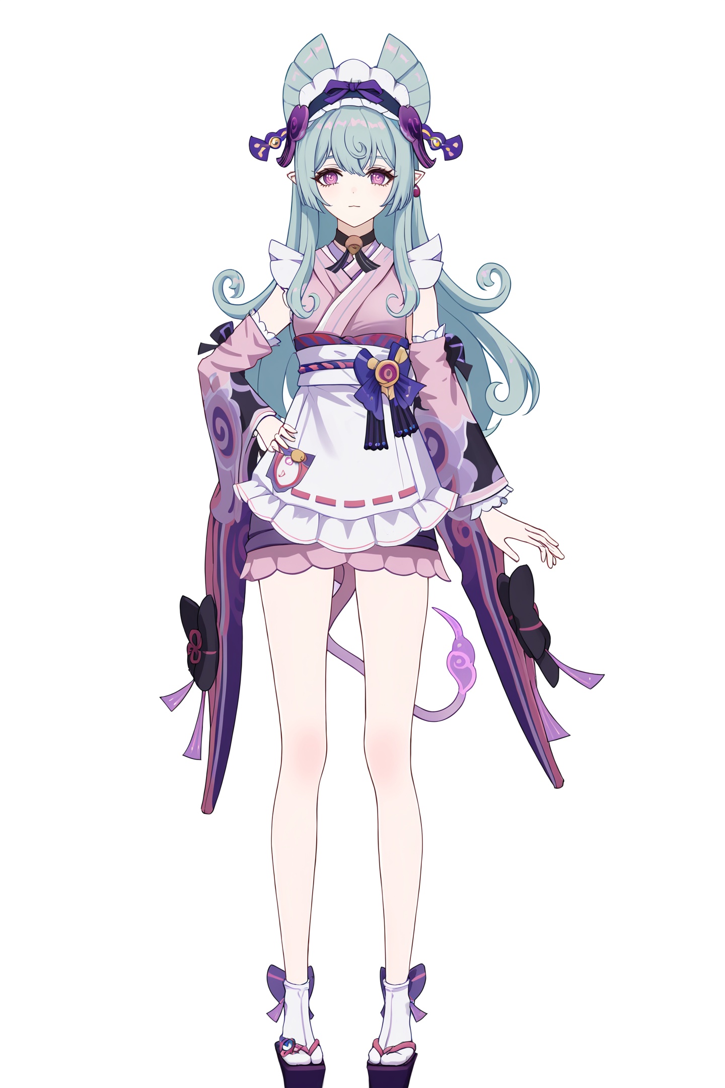 score_9,score_8_up,score_7_up,score_anime,8k,best quality,masterpiece,(ultra-detailed),(high detailed skin),(by nanoless, by misumi \(macaroni\),:0.5),<lora:YLI 0.1v:0.25>,<lora:style1:0.25>,A full-body portrait of a young girl,standing gracefully,pastel art style,high-key lighting,shoujo manga influence,hd quality,delicate details,full body,full shot,standing,looking at viewer,(solo:1.2),simple background,white background,hand on own hip,<lora:mjyue-pony-Tanger:0.8>,Yumemizuki Mizuki \(Genshin Impact\), clothes: purple kimono with white apron and maid headdress, 1girl, japanese clothes, wa maid, purple flower, purple eyes, detached sleeves, apron, maid headdress, long hair, The tail wraps around the thigh, tail