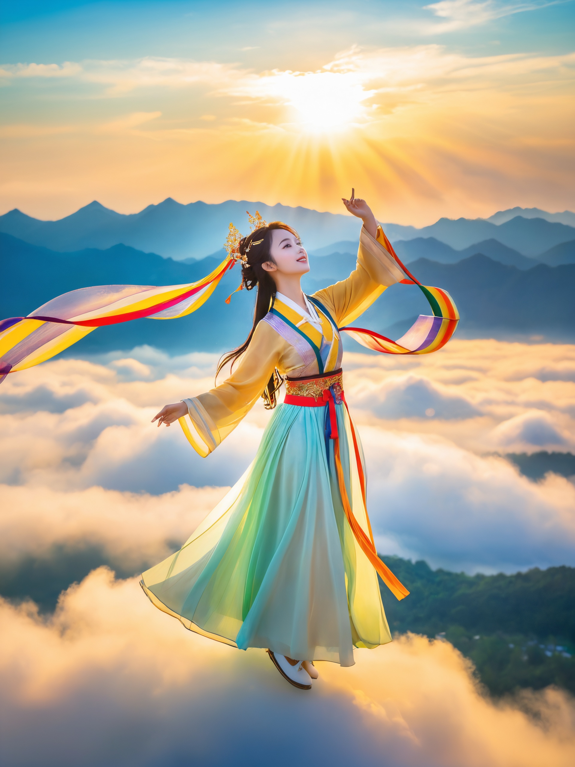 In a cinematic scene, a young woman in Hanfu flies above the clouds, with colorful ribbons streaming from her attire, and the pipa in her arms plays a melodious tune. Sunlight filters through the clouds, casting a golden edge around her figure, her large, bright eyes gleaming with a passion for music. The flowing silhouette of the Hanfu accentuates her feminine curves, especially her full bosom and slender waist, adding an extra touch of elegance to her flight.