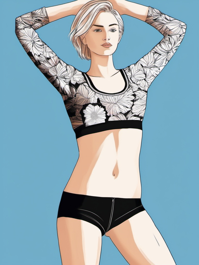 1NK ,  ,  The image a black and white illustration of a young woman in a sports bra and shorts. She is standing with her a...