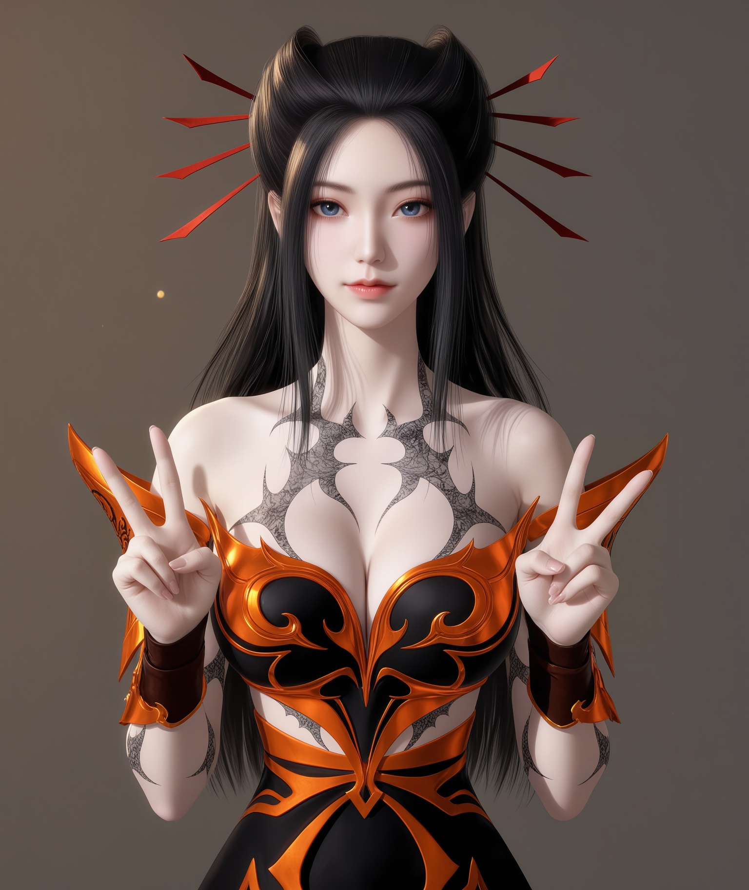 (score_9),masterpiece,best quality,absurdres,highres,BREAK<lora:焰灵姬-ill:0.83>,yanlingji,1girl,solo,long hair,black hair,hairpin,blue eyes,tattoo,pauldrons,breastplate,wrist armor,dress,black dress,(white_skin),(Ivory_skin),collarbone,(large breasts),puffy chest,looking at viewer,front view,(double v),upper body,BREAKsimple background,Tyndall effect,Cinematic Lighting,Volumetric Lighting,