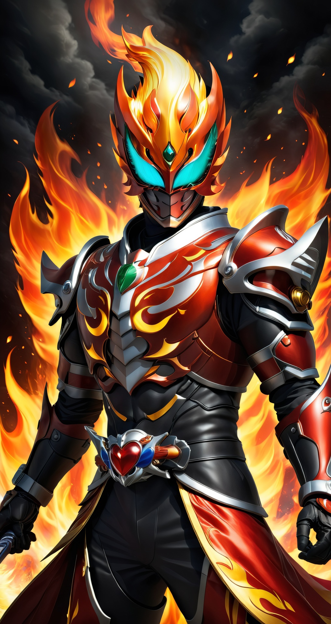 Kamen rider style,  the masked warrior of the Spirit of Fire,  wearing flame armor and holding a flame sword on Tensor.Art