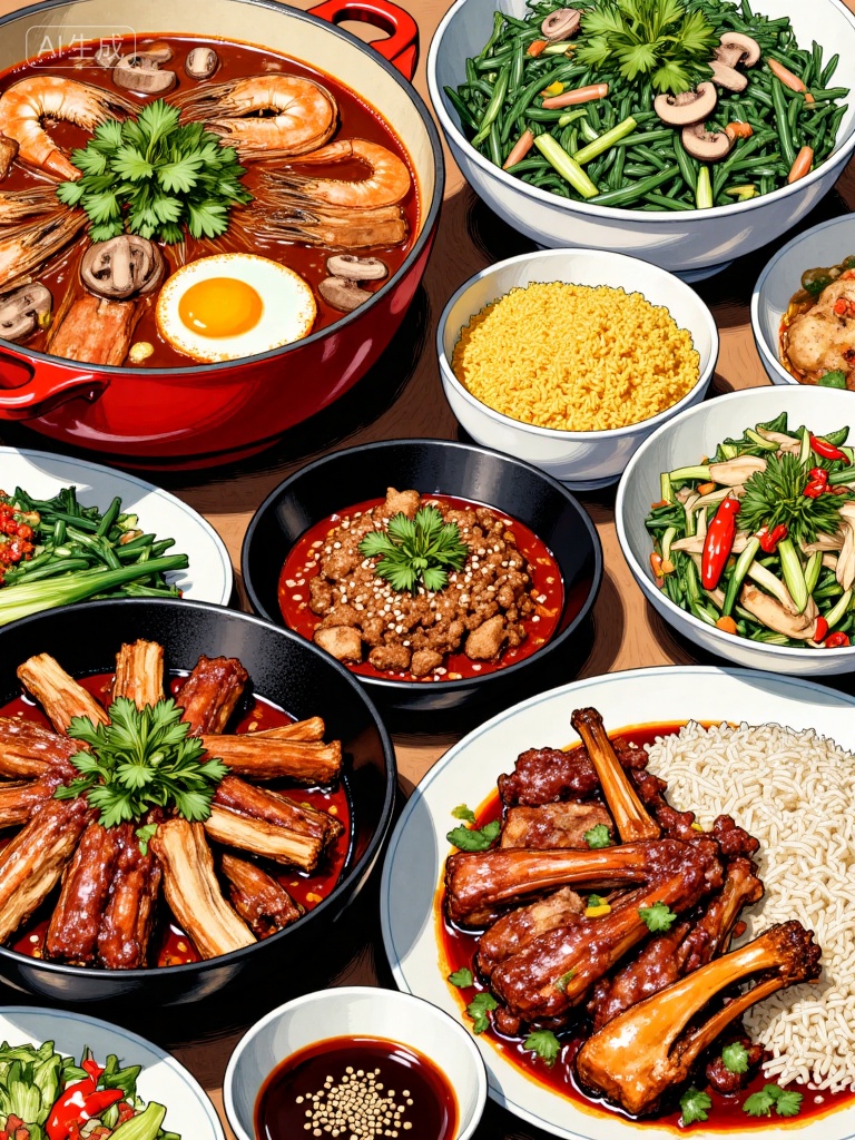 Realistic style of food illustration,Subject: A table full of Chinese dishes,, Dish details:,, Top left large pot: Red broth dish,containing shrimp,fried egg,sliced cured pork,mushrooms,topped with cilantro,, Top right bowl: Stir-fried green leafy vegetables,beside a small bowl: yellow crumbled rice-like food (may be fried rice or mixed grains),, Bottom left black pot: Stir-fried spare ribs,accompanied by green garlic,red chili peppers,white sesame seeds,bright red color,, Bottom right plate: Chicken leg rice,with braised chicken leg on white rice,accompanied by vegetables,poured with brown sauce,, Bottom left small bowl: Dark colored seasoning sauce,containing sesame seeds,chili flakes,, Style: Realistic illustration,delicate lines,rich colors,highlighting the abundance and tempting nature of Chinese dishes.,, Negative prompt: ng_deepnegative_v1_75t,(badhandv4:1.2),EasyNegative,(worst quality:2),,nsfw, Steps: 30, Sampler: Euler, CFG scale: 7.0, Seed: 2032558599, Size: 768x1024, Model hash: 8cba4f1ef4, Model: F.1基础算法模型-哩布在线可运行_F.1-dev-fp8.safetensors, Denoising strength: 0, RNG: CPU, Lora 1: 而已, Lora Hash 1: de715ed38f, Lora Weight 1: 0.8, vae_name: automatic