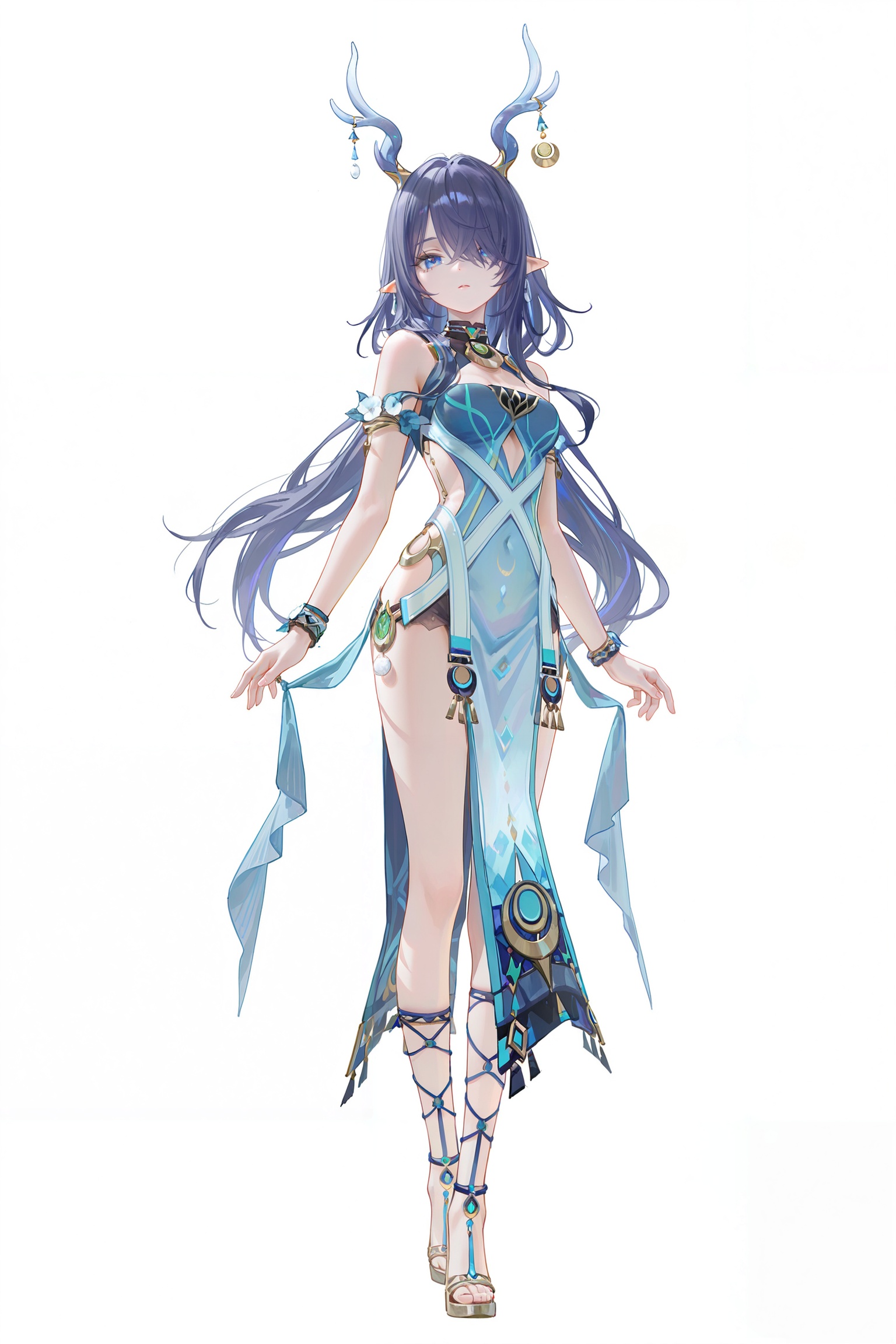 8k,best quality,masterpiece,(ultra-detailed),(high detailed skin),(artist:reoen:0.826446),(artist:machi:0.9),(artist:ningen_mame:0.9),(artist:sho_(sho_lwlw):0.9),(artist:rhasta:0.9),(artist:wlop:0.7),(artist:ke-ta:0.6),(fkey:0.5),(tianliang duohe fangdongye:0.5),(hiten \(hitenkei\):0.6),best quality,amazing quality,(artist:onineko:0.826446),very aesthetic,bokeh,(solo:1.2),simple background,(white background:1.2),(white background:1.1),full body,full shot,standing,looking at viewer,(solo:1.2),simple background,(white background:1.2),(white background:1.1),<lora:Laumays-ill-Tanger:0.8>,Lauma \(genshin Impact\),clothes: Laumadef blue chinese dress,Laumadef  horns,1girl,hair over one eye,pointy ears,long hair,blue eyes,breasts,