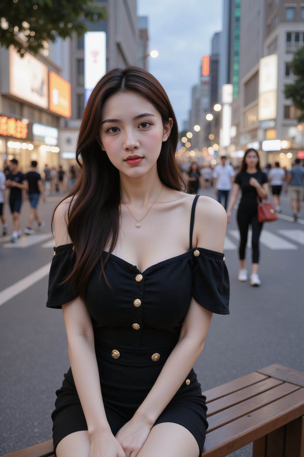 The image shows a young woman sitting on a wooden bench in an urban setting. She is wearing a black off-shoulder dress with gold buttons and has long, dark hair. The background features a busy street with blurred figures of people walking, illuminated buildings, and streetlights. The sky appears to be overcast, suggesting it might be evening or early morning. The overall atmosphere is vibrant and bustling, typical of a city environment.
