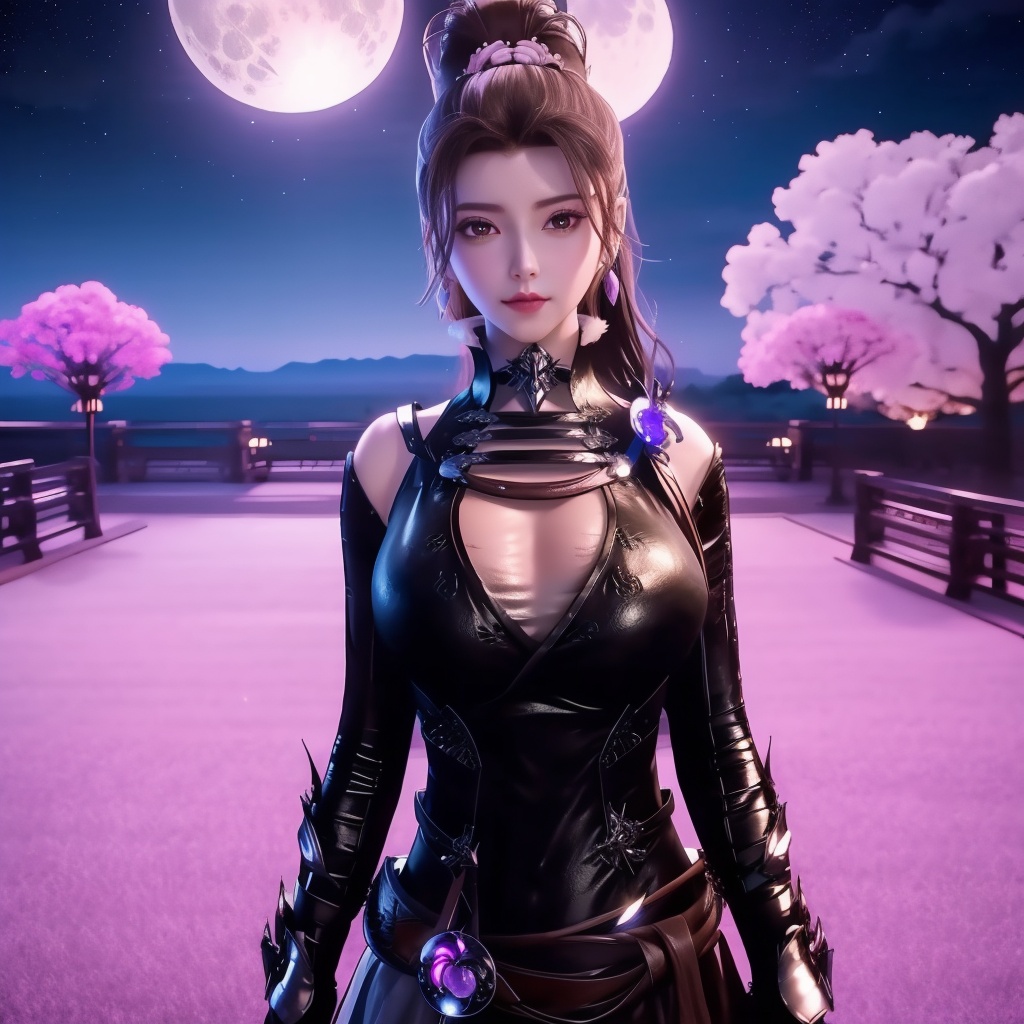 <lora:万界至尊-李雪衣-皮衣:0.8>, (,1girl, ,best quality, ),looking at viewer,  ,ultra realistic 8k cg,, ,masterpiece, (( , )),, ,   ,   cure blossom, full moon,night,night sky,  (cleavage),,  (), ,,