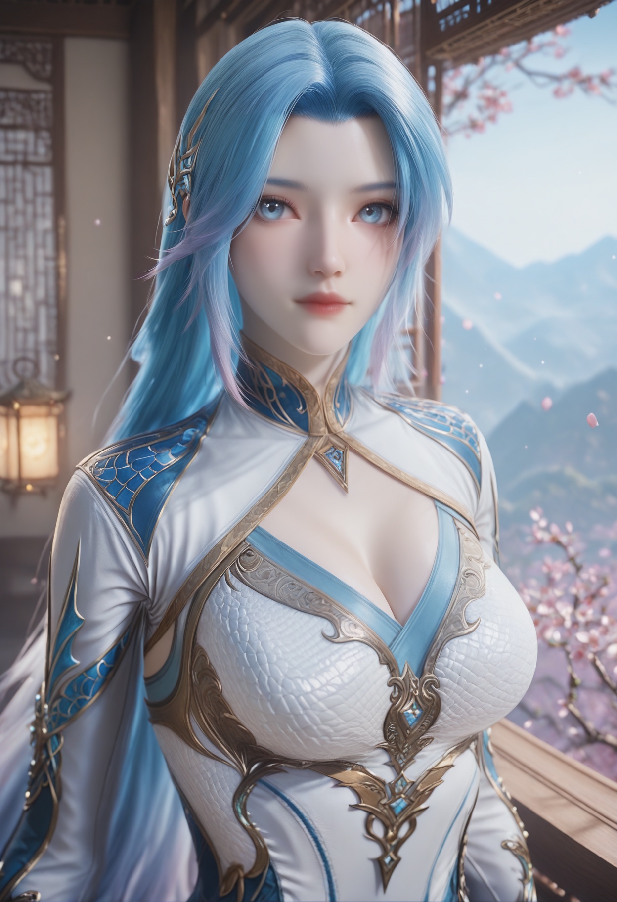 Wang_qiuer,1girl,solo,blue hair,multicolored hair,blue eyes,gradient hair,looking at viewer,very long hair,<lora:Wang_qiuer_10_illu-000008:0.75>,dress,clothing cutout,white dress,cleavage cutout,blue dress,photorealistic,hyperrealistic,<lora:realistic filter [IL]:1>,(pale skin:0.8),looking at viewer,standing,(upper body:1.2),close up,head shot,lantern,open window,looking at viewer,indoors,mountains,blossoms,flowers,east asian architecture,beautiful sunrise,warm ambient temperature,
