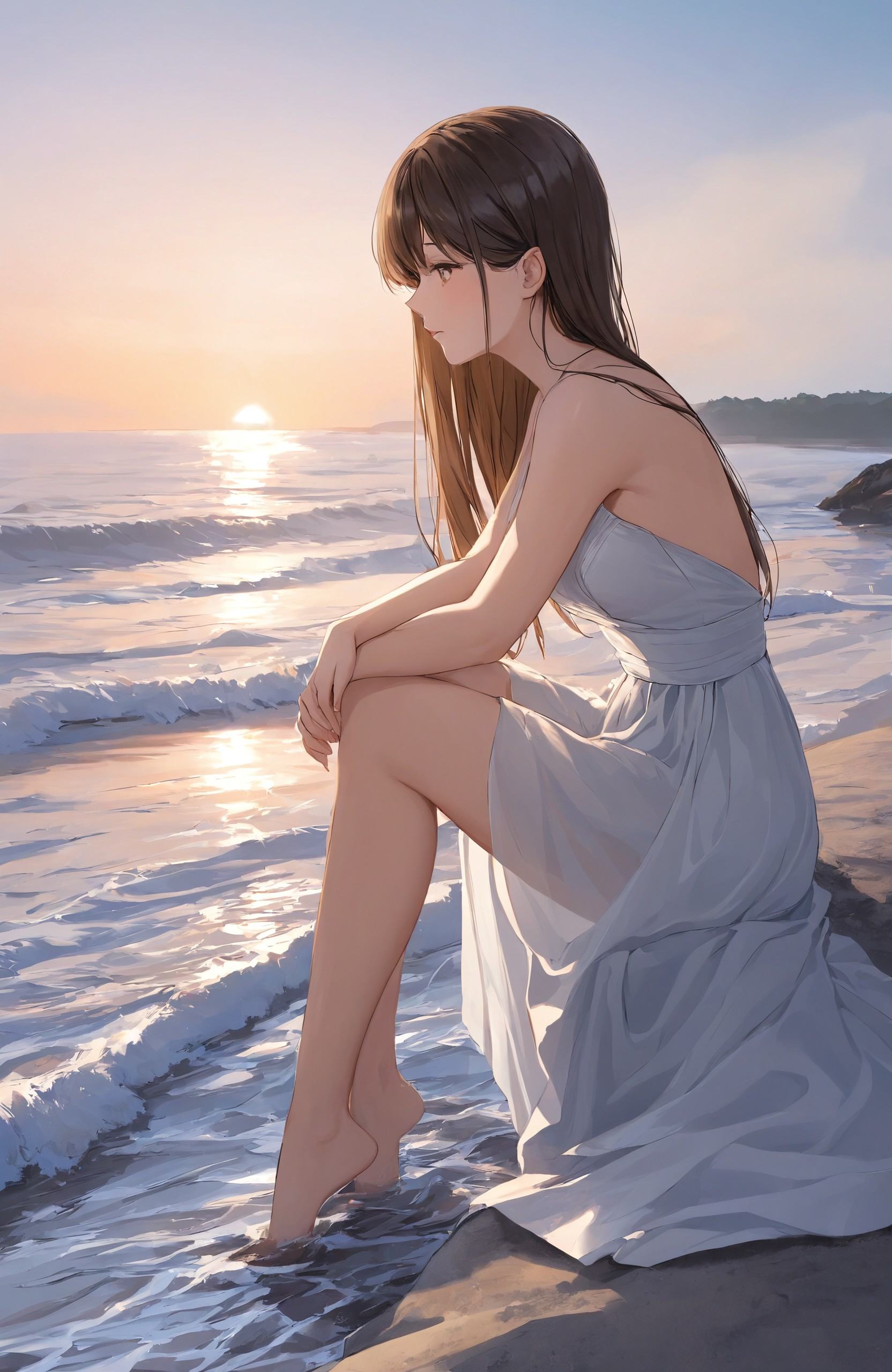 "Dreamlike anime art style, a young woman sits at the edge of a long, narrow platform that stretches endlessly over a calm, mirror-like ocean. The horizon blurs where the ocean meets the sky, creating an infinite expanse of blue. Her flowing white dress and hair catch the light breeze, and she appears deep in thought as she contemplates the vastness around her. The scene exudes tranquility and a sense of connection with the infinite."