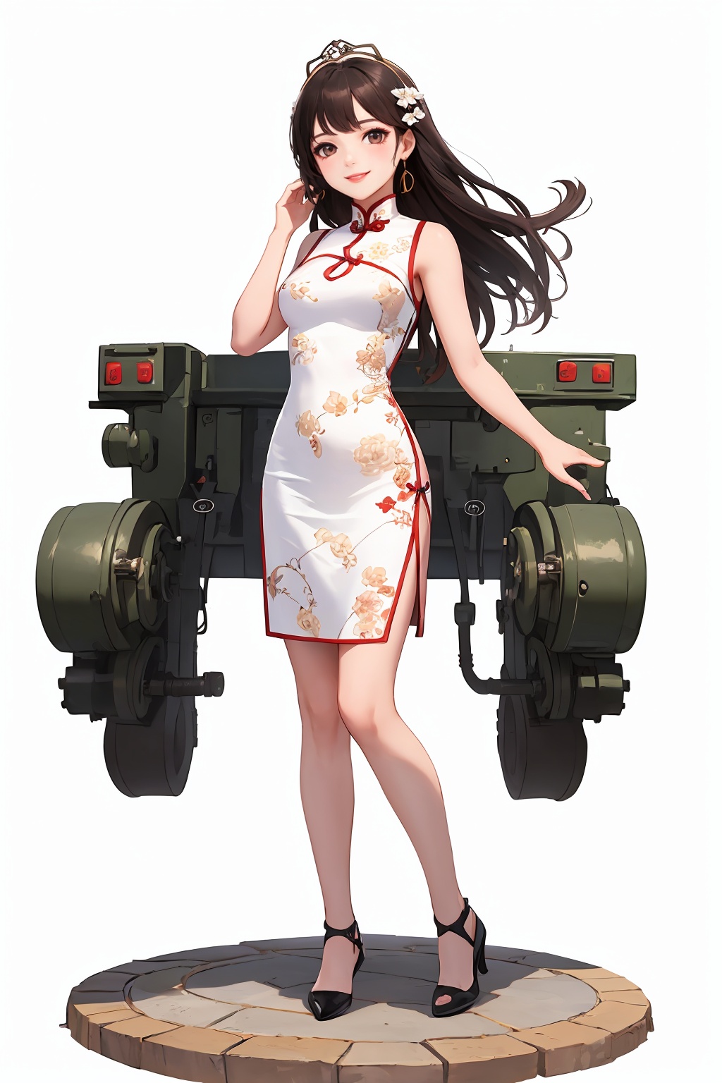 (masterpiece, best quality,top quality),(white background:1.5),(full body),1girl,solo,long hair,brown hair,smile,cheongsam,china_dress,hair ornament,looking at viewer,standing,outdoors,star_in_eye,machinery,