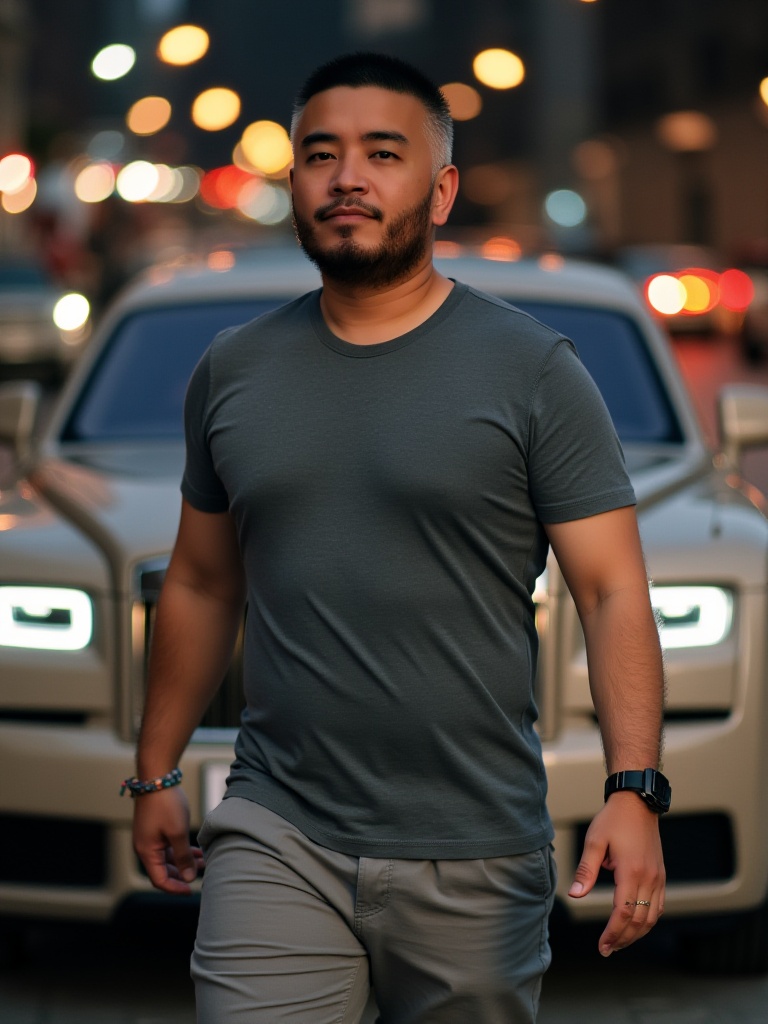 CNBeardModel,beard, grey shirt, muscular, mustache, pants, realistic, ring, shirt, short hair, shorts,walking, solo,posing in front of a luxurious car with city lights in the background, 