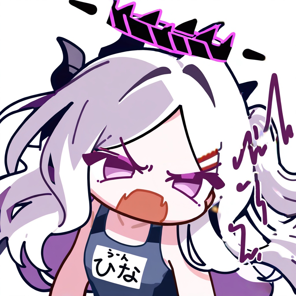 <lora:haqi_angry_fang>,hina \(swimsuit\) \(blue archive\),blue archive,no halo,chibi,1girl,solo,upper body,haqi,angry,fang,v-shaped eyebrows,looking at viewer,open mouth,white background,simple background,